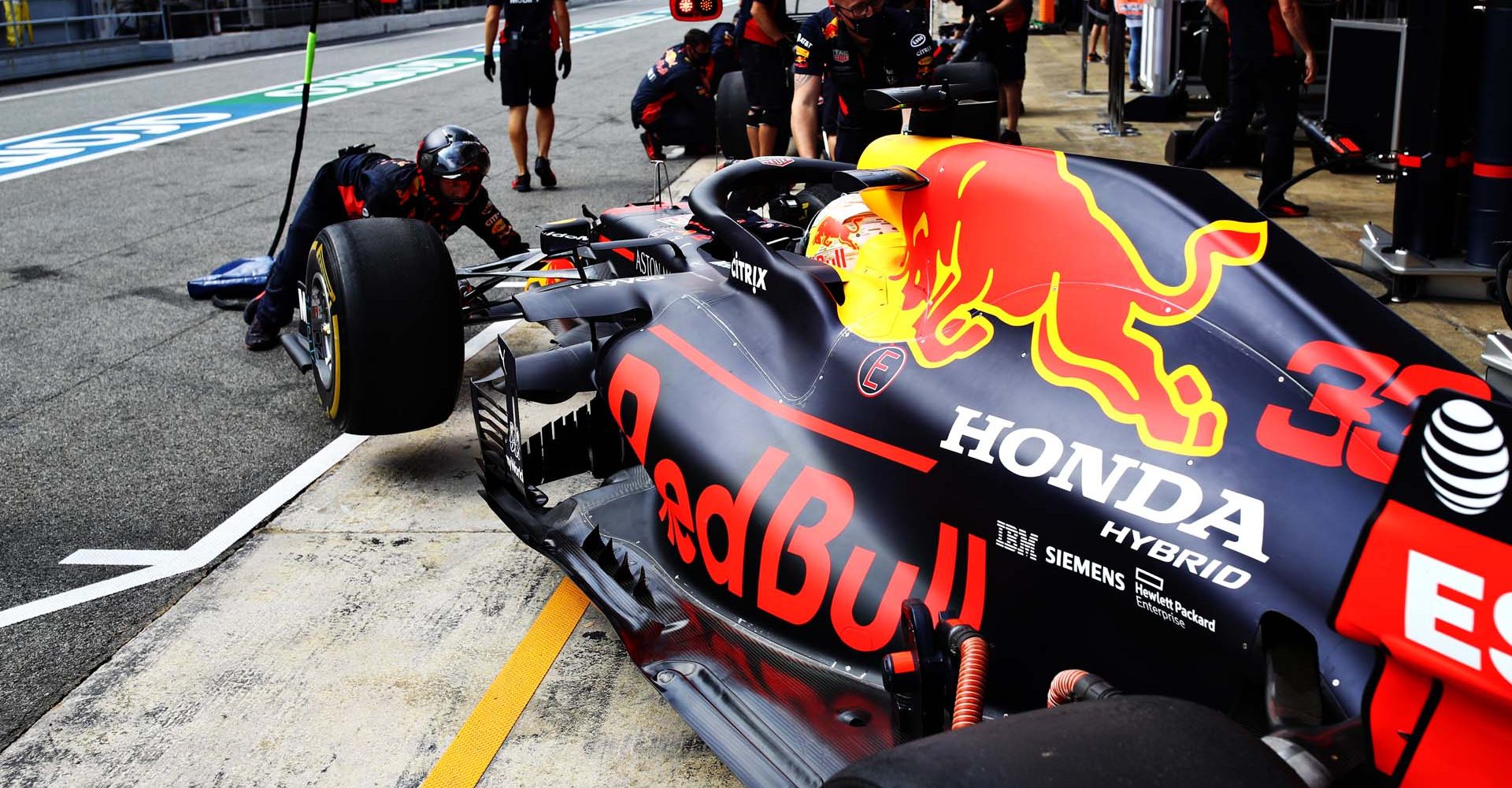 BARCELONA, SPAIN - AUGUST 14: Max Verstappen of the Netherlands driving the (33) Aston Martin Red Bull Racing RB16 is pushed back into the garage during practice for the F1 Grand Prix of Spain at Circuit de Barcelona-Catalunya on August 14, 2020 in Barcelona, Spain. (Photo by Mark Thompson/Getty Images)