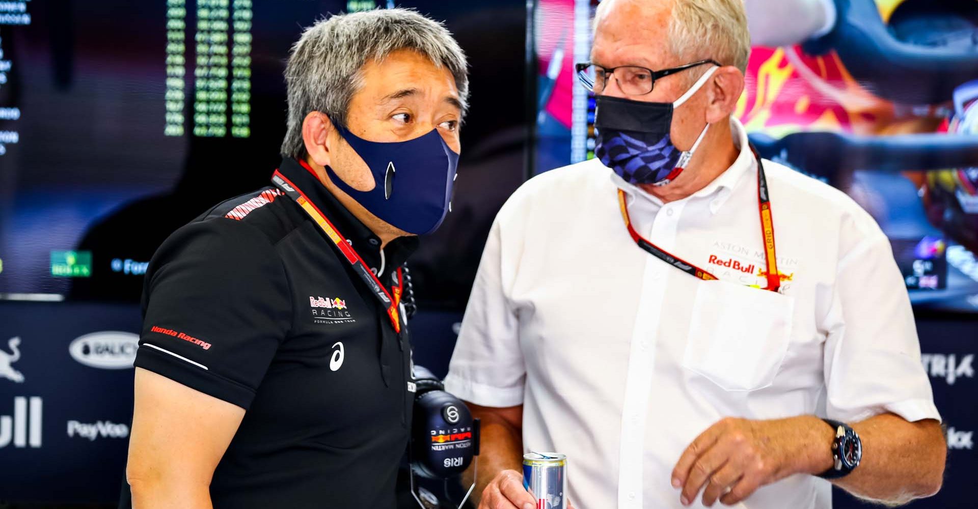 BARCELONA, SPAIN - AUGUST 14: Red Bull Racing Team Consultant Dr Helmut Marko and Masashi Yamamoto of Honda talk in the garage during practice for the F1 Grand Prix of Spain at Circuit de Barcelona-Catalunya on August 14, 2020 in Barcelona, Spain. (Photo by Mark Thompson/Getty Images)