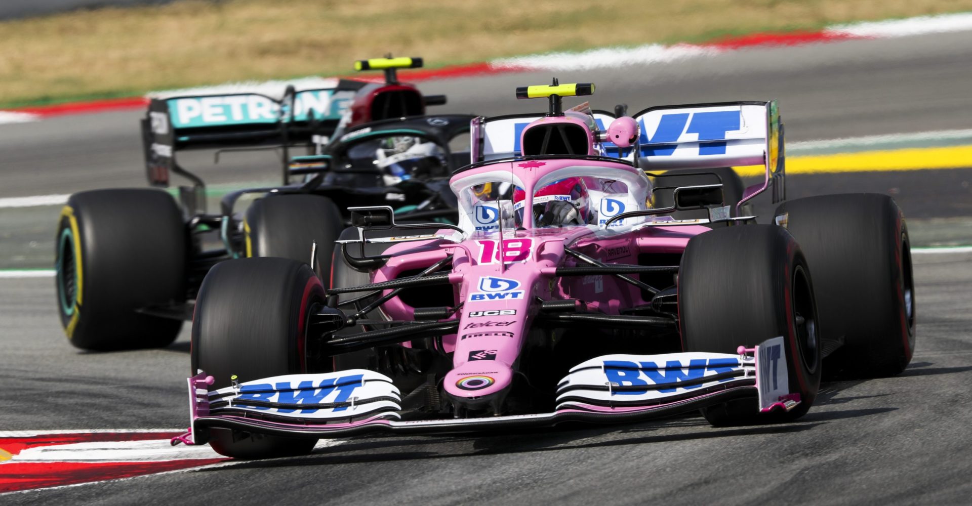 Lance Stroll, Racing Point RP20, leads Valtteri Bottas, Mercedes F1 W11 EQ Performance