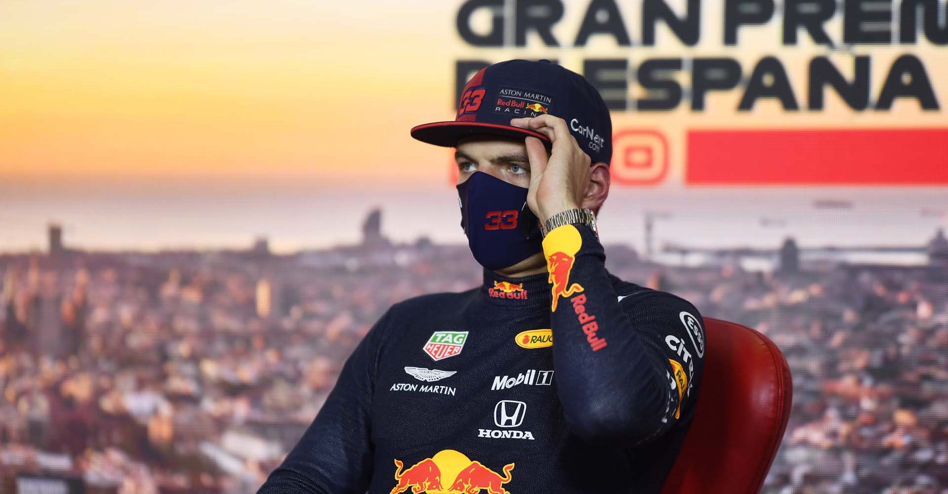 BARCELONA, SPAIN - AUGUST 15: Third placed qualifier Max Verstappen of Netherlands and Red Bull Racing talks in the Drivers Press Conference during qualifying for the F1 Grand Prix of Spain at Circuit de Barcelona-Catalunya on August 15, 2020 in Barcelona, Spain. (Photo by Rudy Carezzevoli/Getty Images)