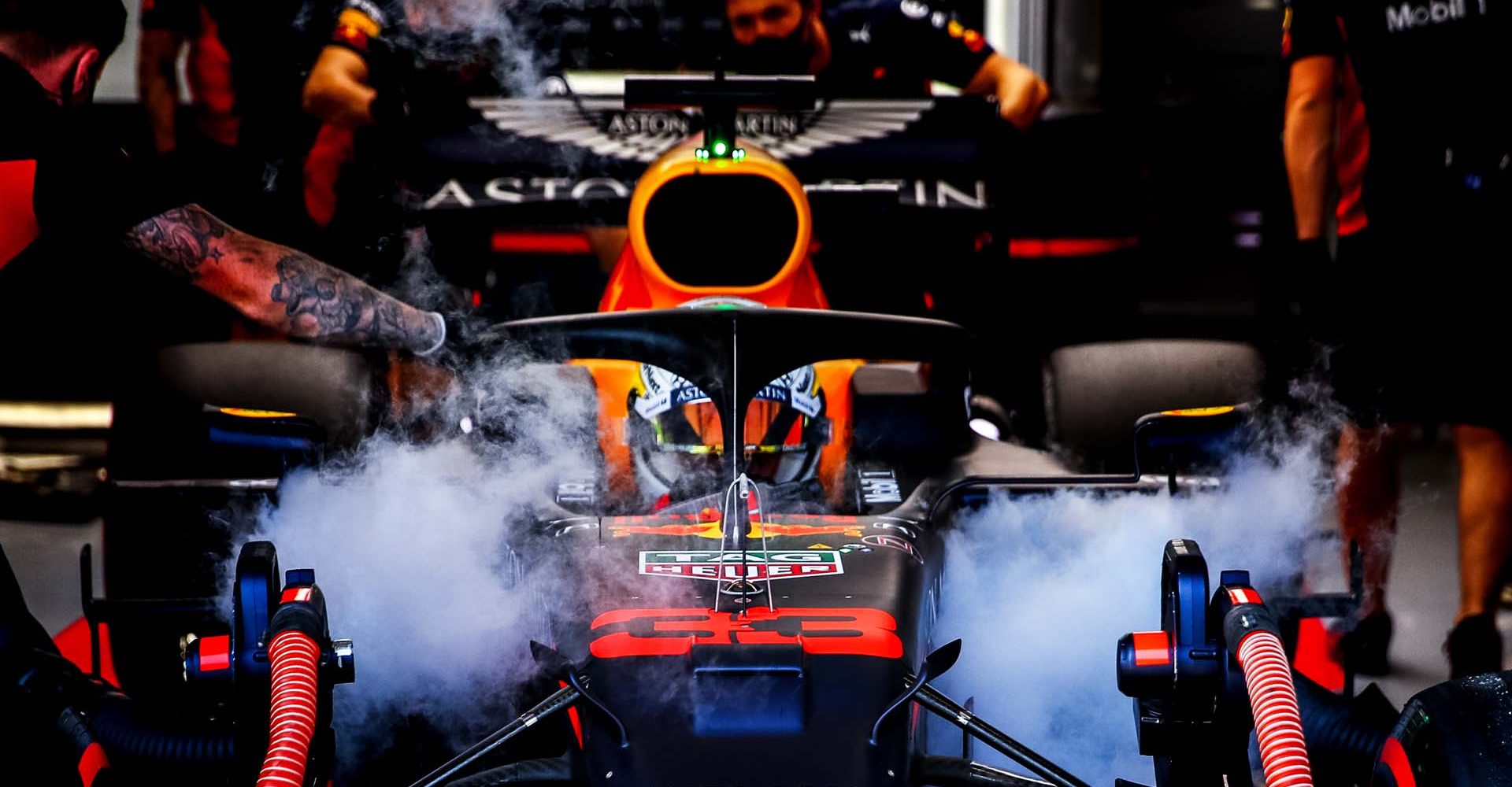 BARCELONA, SPAIN - AUGUST 15: Max Verstappen of Netherlands and Red Bull Racing in the garage during qualifying for the F1 Grand Prix of Spain at Circuit de Barcelona-Catalunya on August 15, 2020 in Barcelona, Spain. (Photo by Mark Thompson/Getty Images)