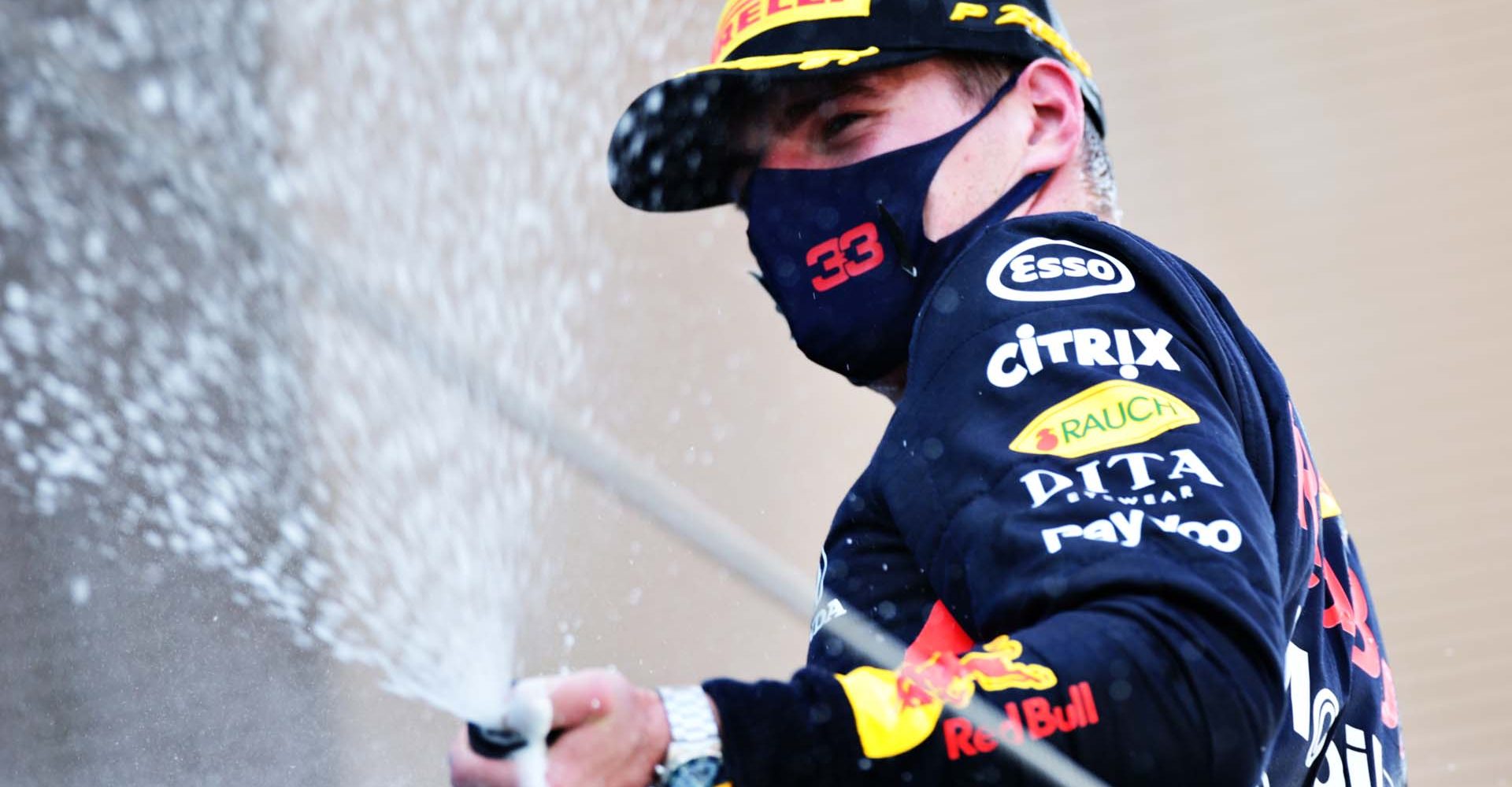 BARCELONA, SPAIN - AUGUST 16: Second placed Max Verstappen of Netherlands and Red Bull Racing celebrates on the podium during the F1 Grand Prix of Spain at Circuit de Barcelona-Catalunya on August 16, 2020 in Barcelona, Spain. (Photo by Peter Fox/Getty Images)