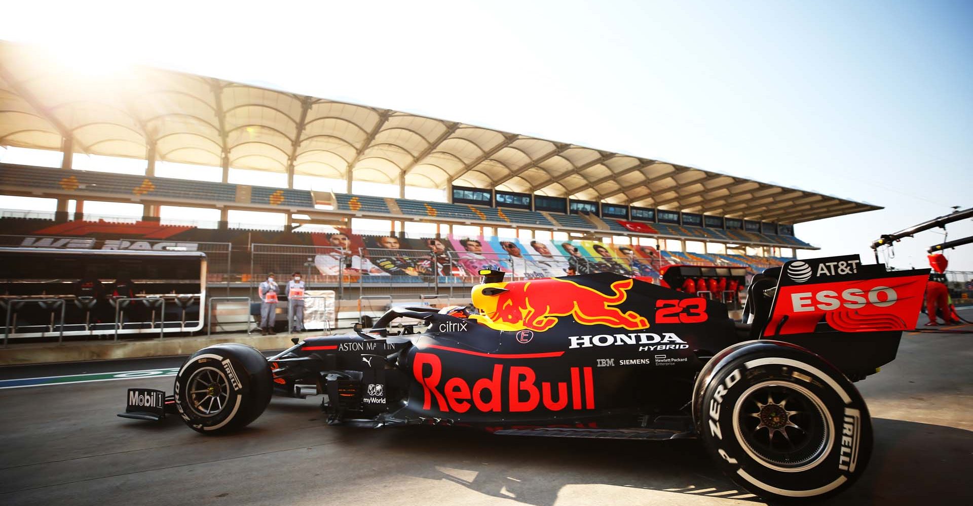 ISTANBUL, TURKEY - NOVEMBER 13: Alexander Albon of Thailand driving the (23) Aston Martin Red Bull Racing RB16 leaves the garage during practice ahead of the F1 Grand Prix of Turkey at Intercity Istanbul Park on November 13, 2020 in Istanbul, Turkey. (Photo by Bryn Lennon/Getty Images)