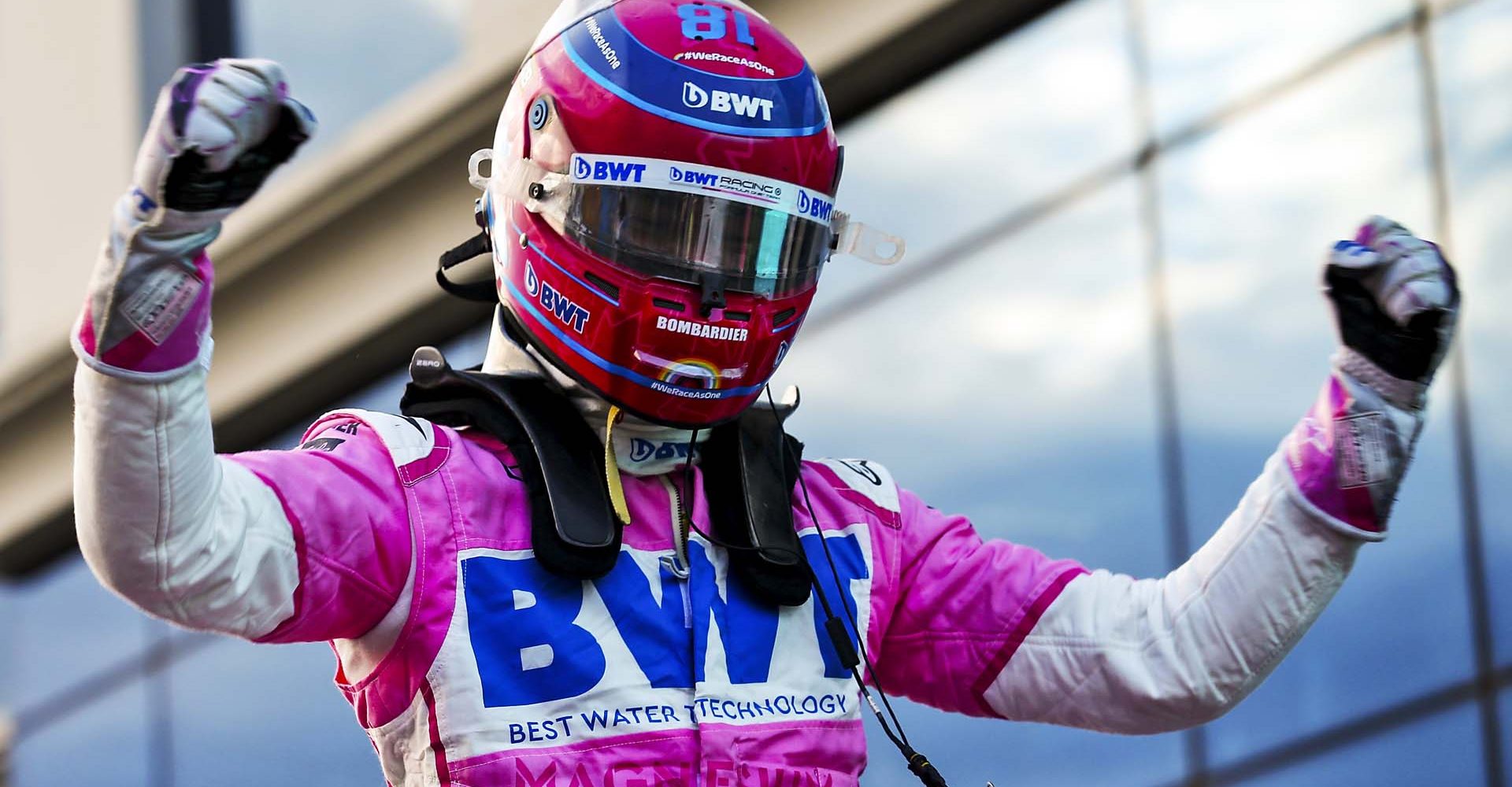 Pole Sitter Lance Stroll, Racing Point celebrates in Parc Ferme