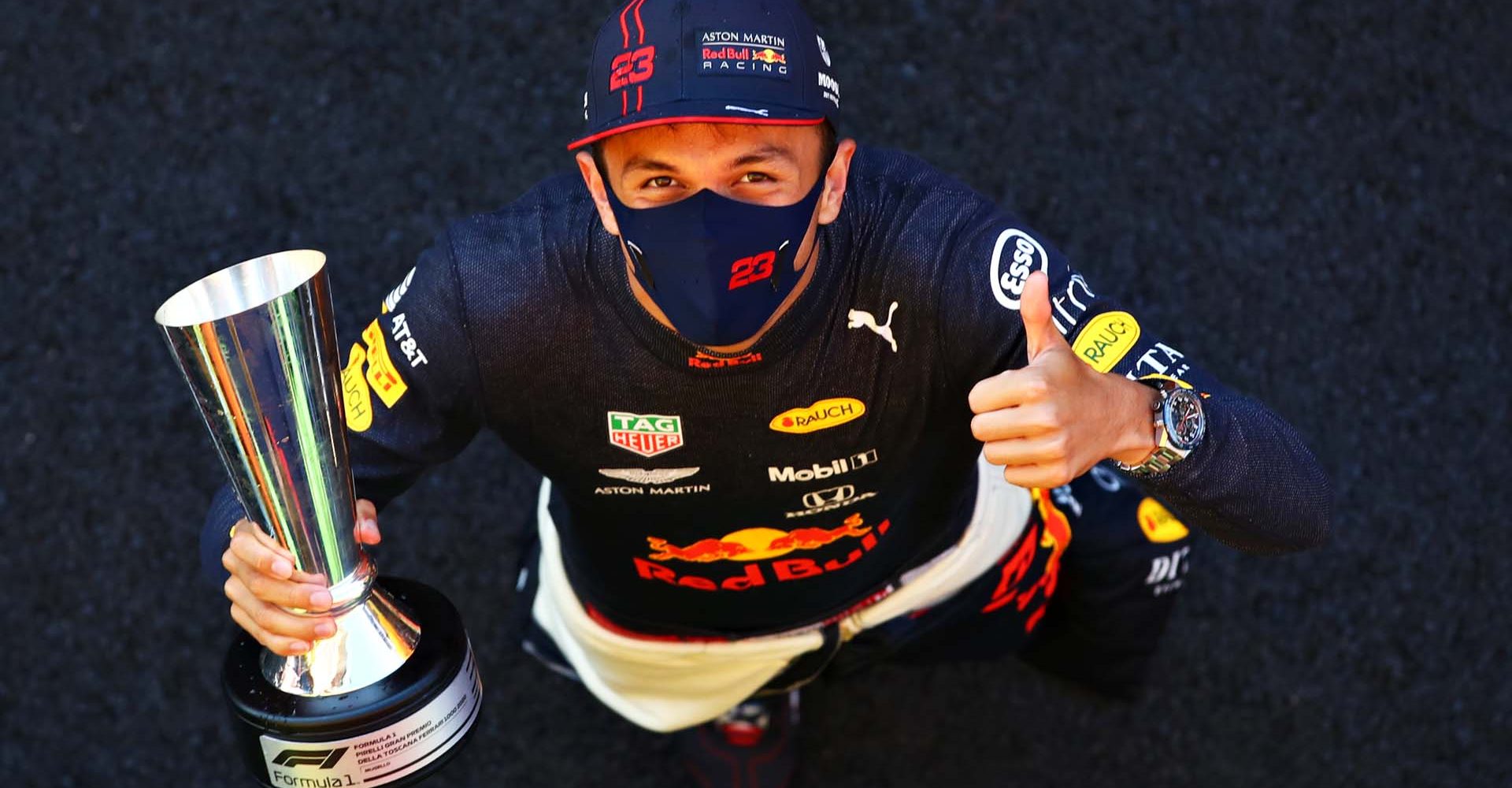 SCARPERIA, ITALY - SEPTEMBER 13: Third placed Alexander Albon of Thailand and Red Bull Racing celebrates after the F1 Grand Prix of Tuscany at Mugello Circuit on September 13, 2020 in Scarperia, Italy. (Photo by Mark Thompson/Getty Images)