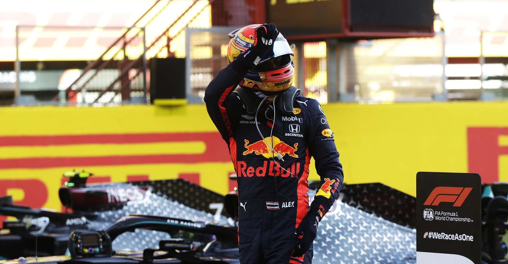 SCARPERIA, ITALY - SEPTEMBER 13: Third placed Alexander Albon of Thailand and Red Bull Racing celebrates in parc ferme during the F1 Grand Prix of Tuscany at Mugello Circuit on September 13, 2020 in Scarperia, Italy. (Photo by Luca Bruno - Pool/Getty Images)