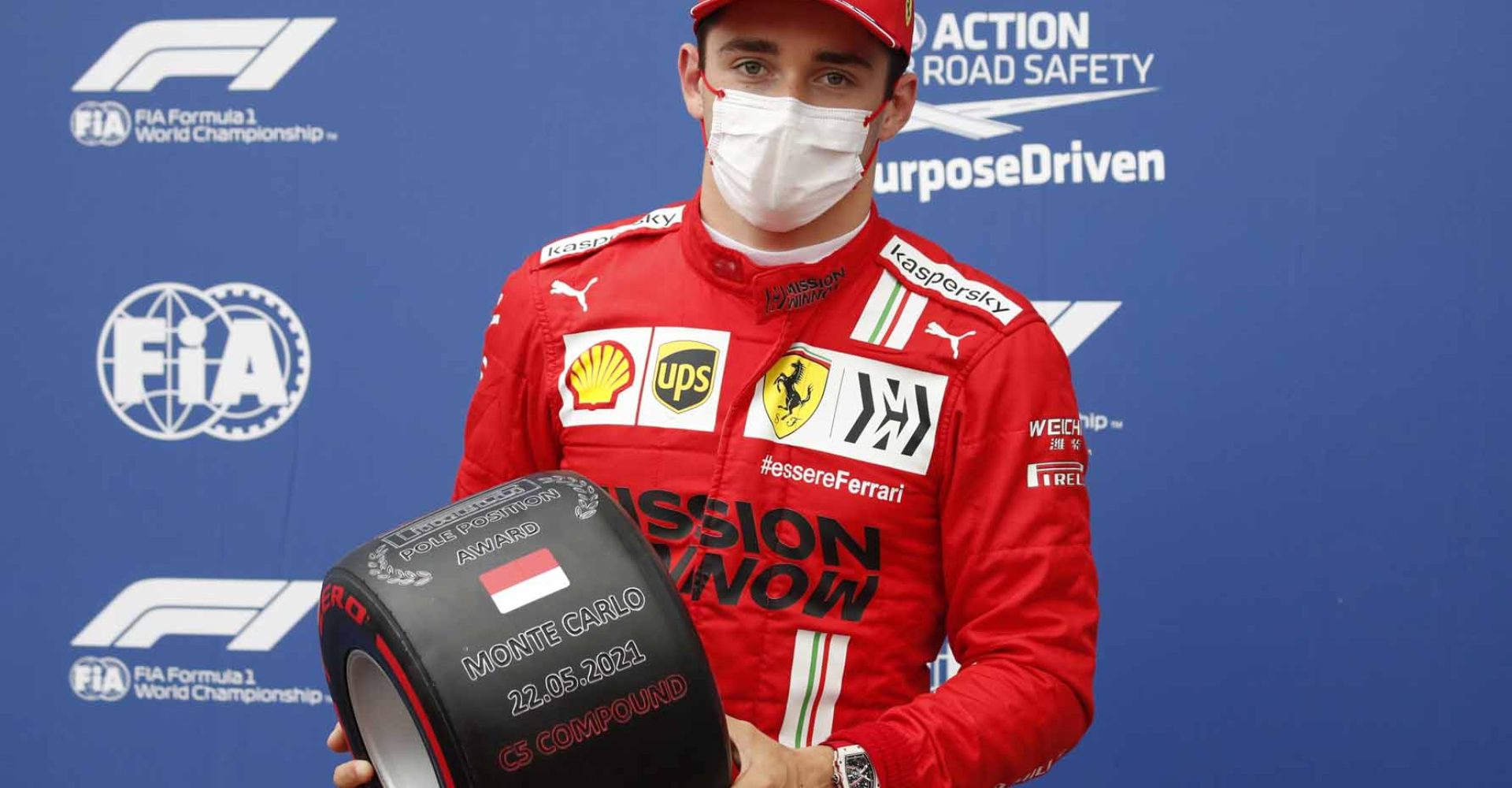 Formula One F1 - Monaco Grand Prix - Circuit de Monaco, Monte Carlo, Monaco - May 22, 2021 Ferrari's Charles Leclerc reacts after getting pole position in qualifying Pool via REUTERS/Sebastien Nogier