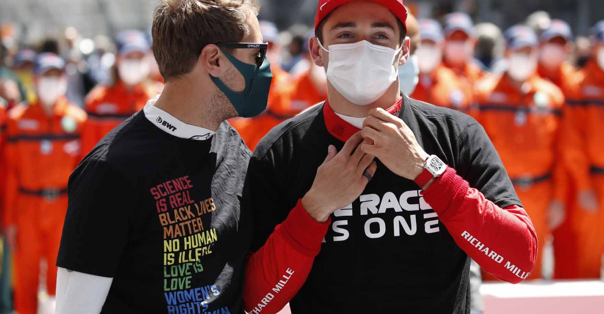 Formula One F1 - Monaco Grand Prix - Circuit de Monaco, Monte Carlo, Monaco - May 23, 2021 Aston Martin's Sebastian Vettel and Ferrari's Charles Leclerc before the race Pool via REUTERS/Sebastien Nogier