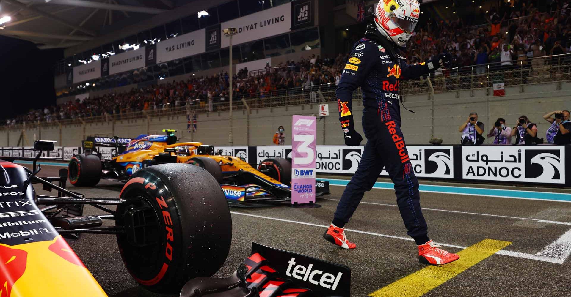 ABU DHABI, UNITED ARAB EMIRATES - DECEMBER 11: Pole position qualifier Max Verstappen of Netherlands and Red Bull Racing celebrates in parc ferme  during qualifying ahead of the F1 Grand Prix of Abu Dhabi at Yas Marina Circuit on December 11, 2021 in Abu Dhabi, United Arab Emirates. (Photo by Mark Thompson/Getty Images)