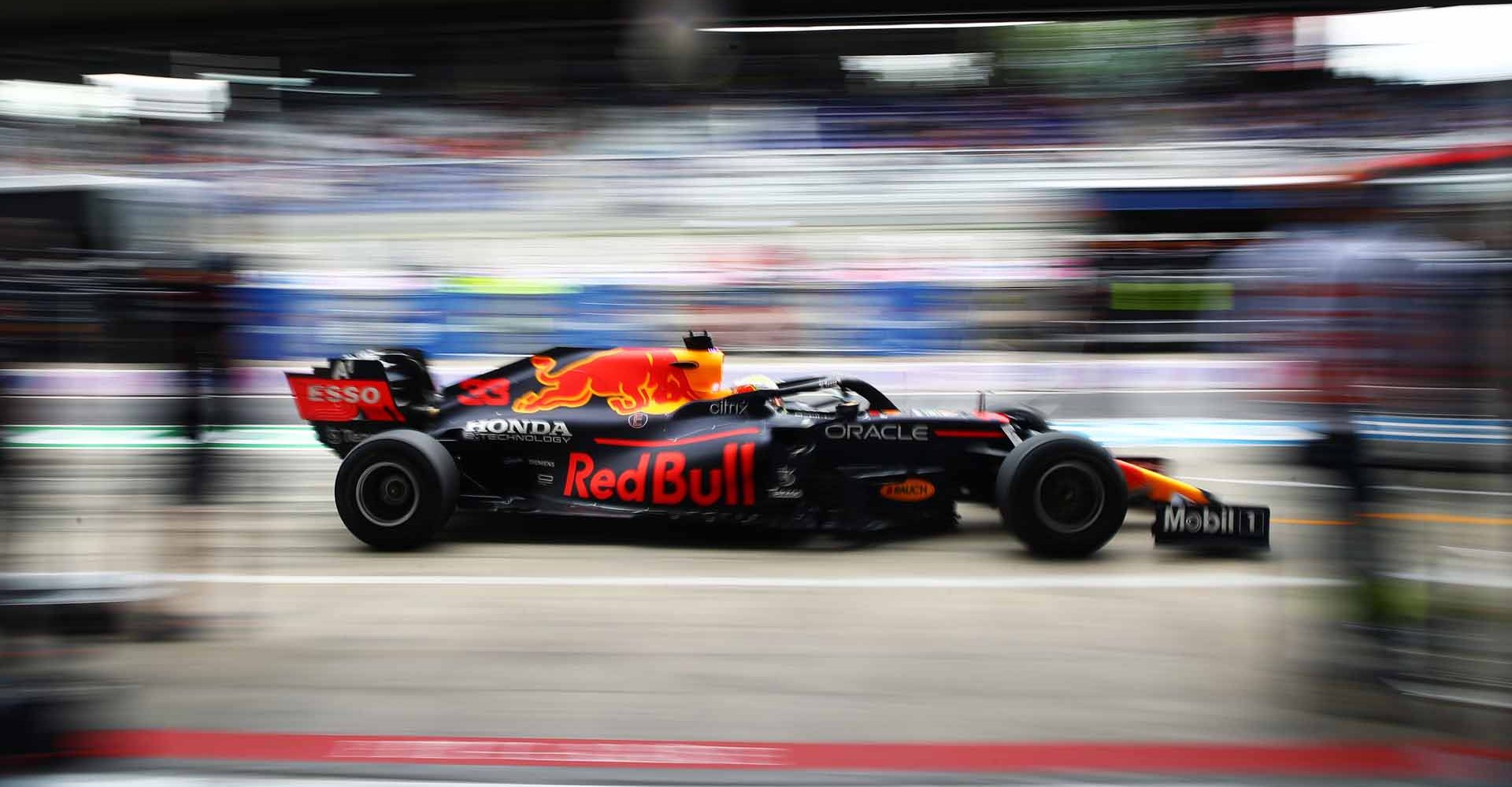 SPIELBERG, AUSTRIA - JULY 02: Max Verstappen of the Netherlands driving the (33) Red Bull Racing RB16B Honda in the Pitlane during practice ahead of the F1 Grand Prix of Austria at Red Bull Ring on July 02, 2021 in Spielberg, Austria. (Photo by Mark Thompson/Getty Images)