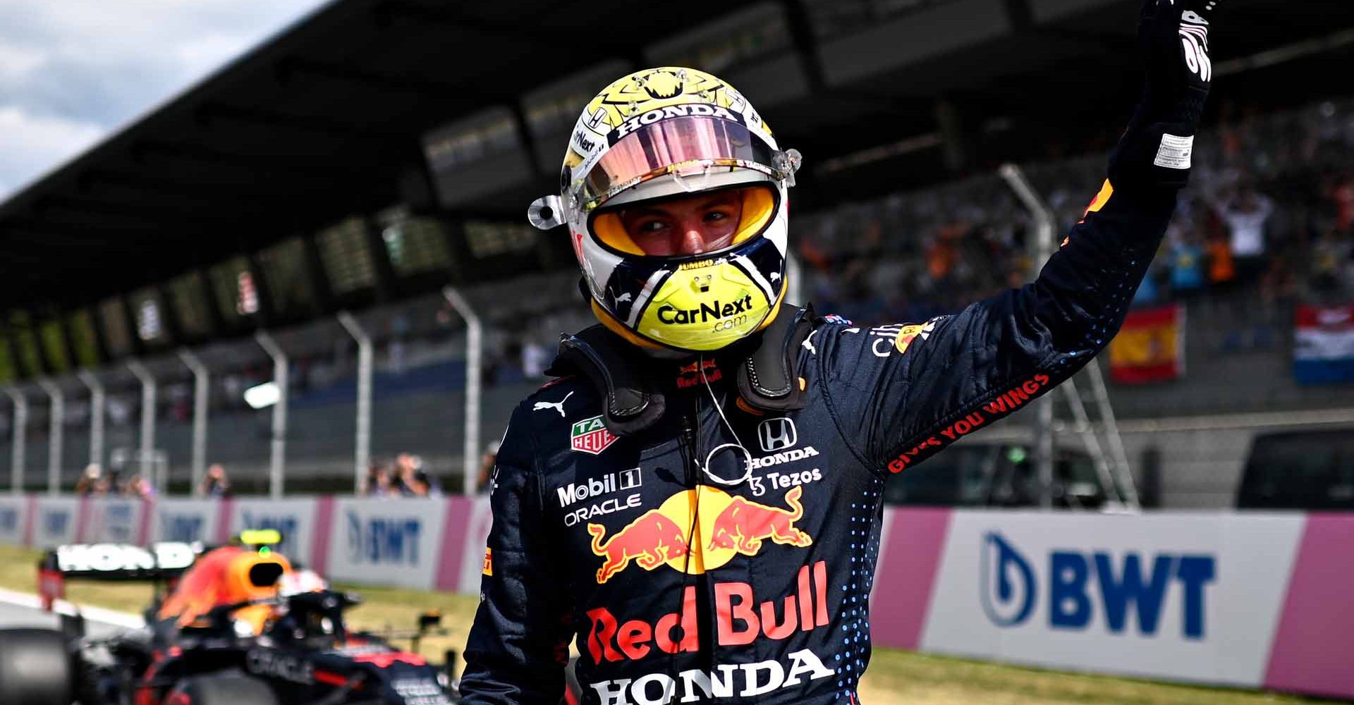 SPIELBERG, AUSTRIA - JULY 03: Pole position qualifier Max Verstappen of Netherlands and Red Bull Racing celebrates in parc ferme during qualifying ahead of the F1 Grand Prix of Austria at Red Bull Ring on July 03, 2021 in Spielberg, Austria. (Photo by Christian Bruna - Pool/Getty Images)