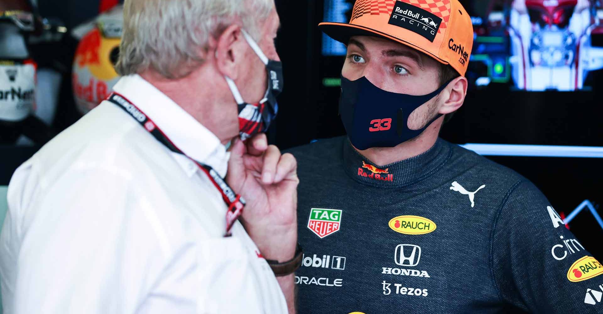 BAKU, AZERBAIJAN - JUNE 05: Max Verstappen of Netherlands and Red Bull Racing talks with Red Bull Racing Team Consultant Dr Helmut Marko in the garage during final practice ahead of the F1 Grand Prix of Azerbaijan at Baku City Circuit on June 05, 2021 in Baku, Azerbaijan. (Photo by Mark Thompson/Getty Images)