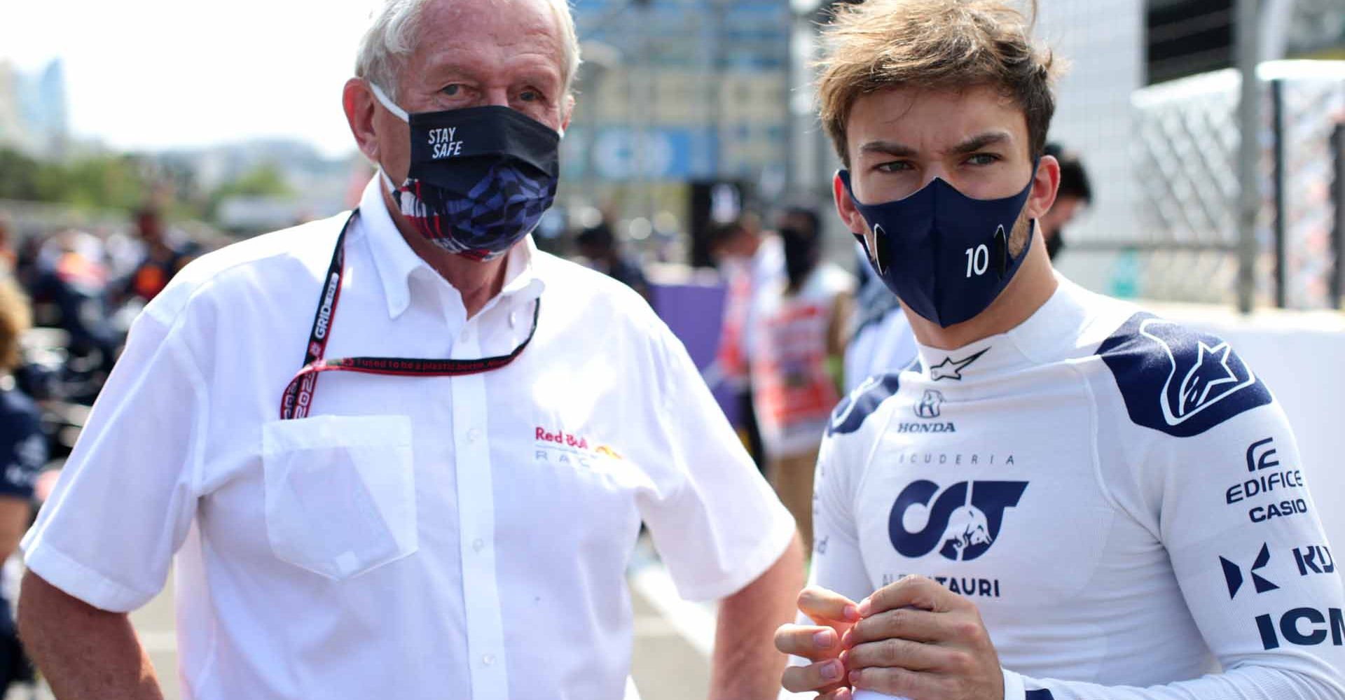 BAKU, AZERBAIJAN - JUNE 06: Red Bull Racing Team Consultant Dr Helmut Marko talks with Pierre Gasly of France and Scuderia AlphaTauri on the grid prior to the F1 Grand Prix of Azerbaijan at Baku City Circuit on June 06, 2021 in Baku, Azerbaijan. (Photo by Peter Fox/Getty Images)