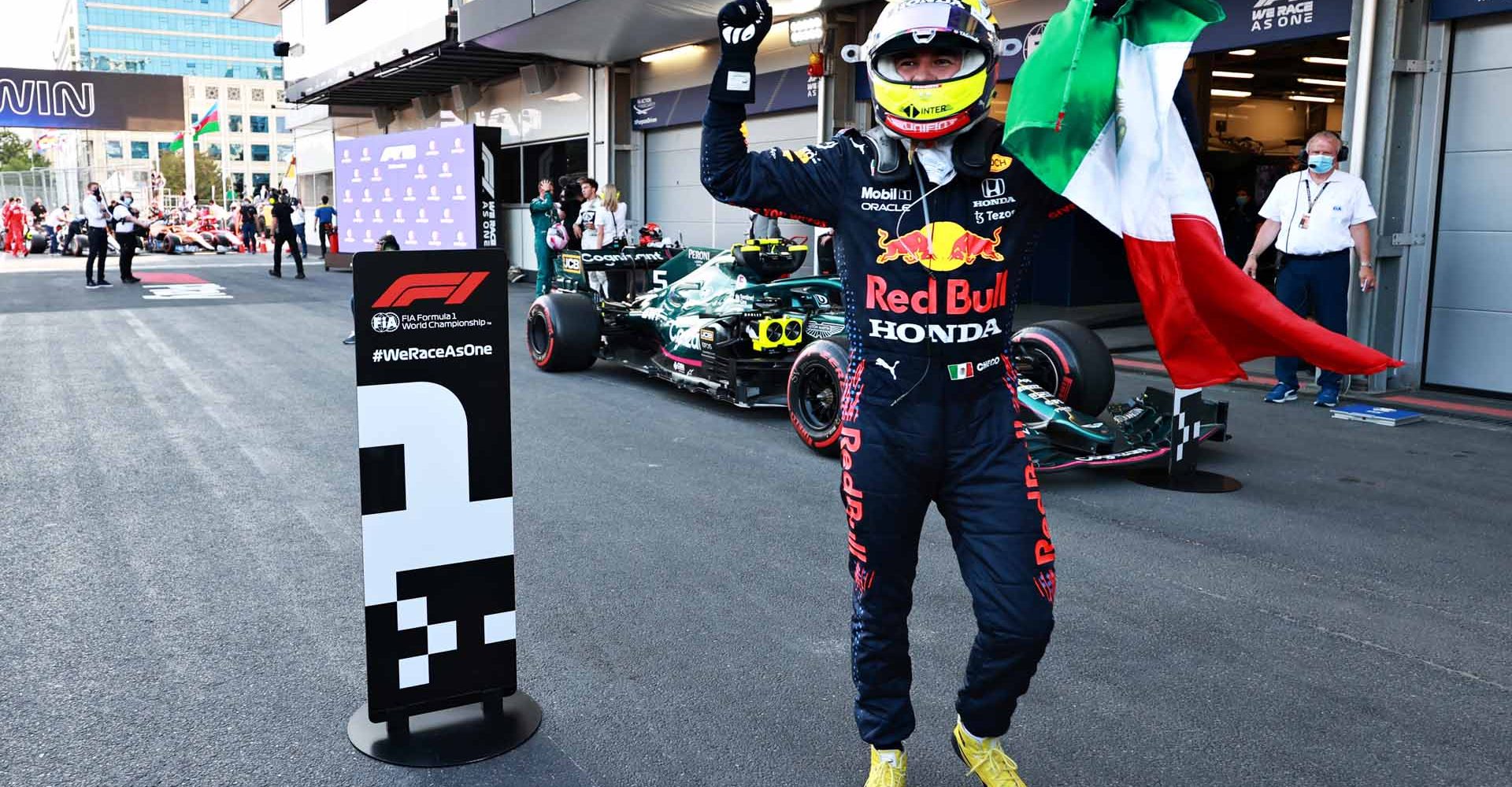 BAKU, AZERBAIJAN - JUNE 06: Race winner Sergio Perez of Mexico and Red Bull Racing celebrates in parc ferme during the F1 Grand Prix of Azerbaijan at Baku City Circuit on June 06, 2021 in Baku, Azerbaijan. (Photo by Mark Thompson/Getty Images)