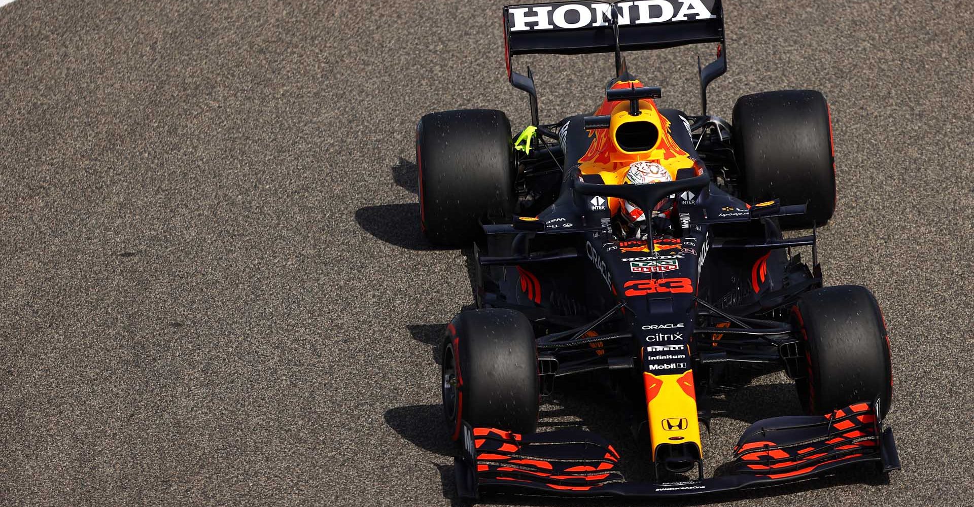 BAHRAIN, BAHRAIN - MARCH 26: Max Verstappen of the Netherlands driving the (33) Red Bull Racing RB16B Honda on track during practice ahead of the F1 Grand Prix of Bahrain at Bahrain International Circuit on March 26, 2021 in Bahrain, Bahrain. (Photo by Bryn Lennon/Getty Images)