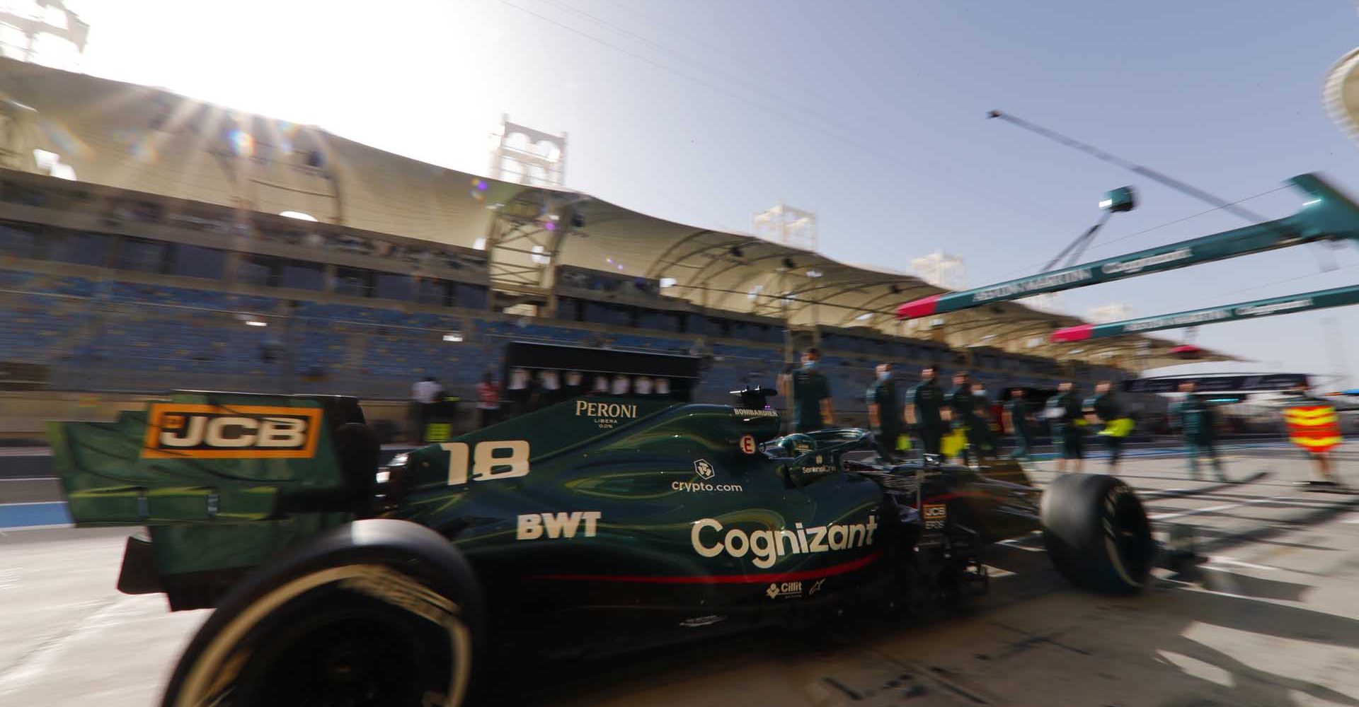 Lance Stroll, Aston Martin AMR21, in the pits