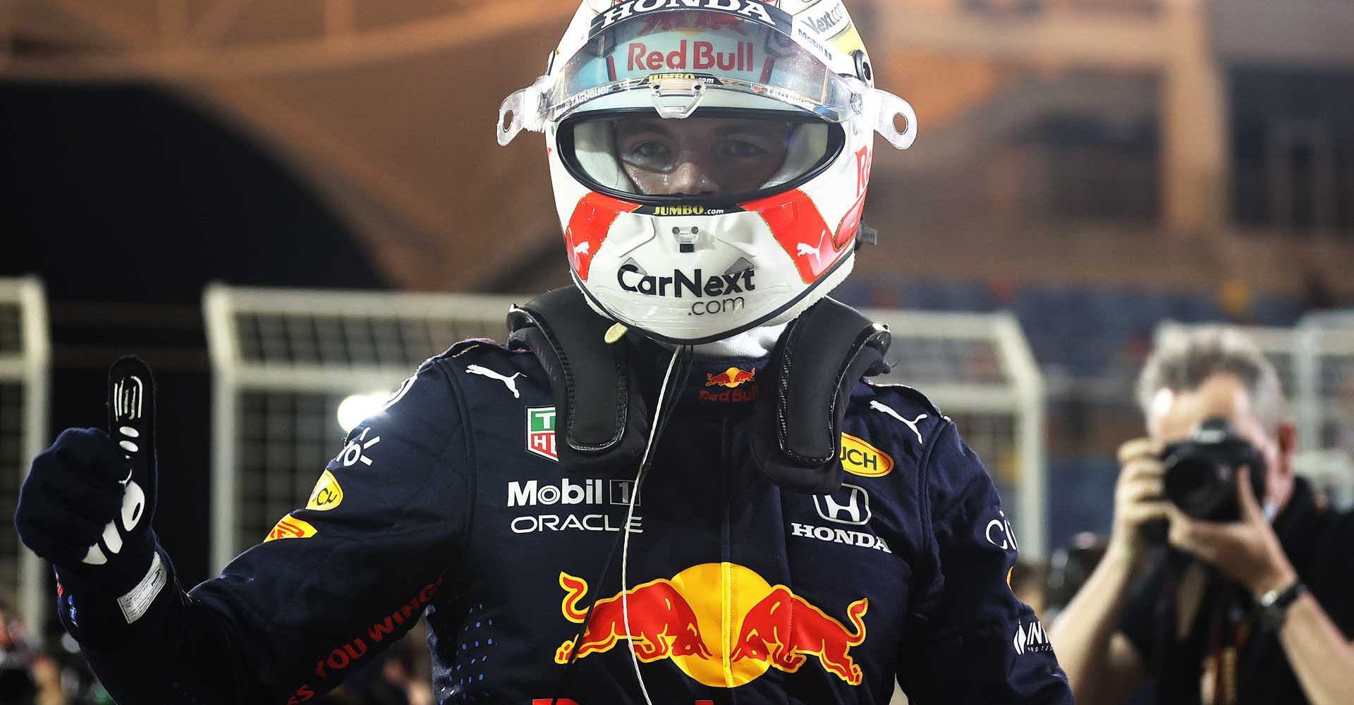 BAHRAIN, BAHRAIN - MARCH 27: Pole position qualifier Max Verstappen of Netherlands and Red Bull Racing celebrates in parc ferme during qualifying ahead of the F1 Grand Prix of Bahrain at Bahrain International Circuit on March 27, 2021 in Bahrain, Bahrain. (Photo by Lars Baron/Getty Images)