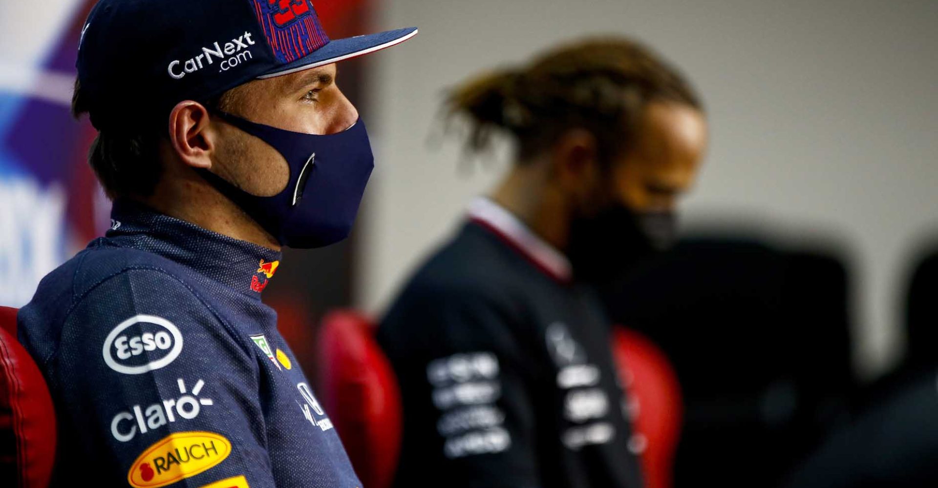 BAHRAIN, BAHRAIN - MARCH 28: Second placed, Max Verstappen of Netherlands and Red Bull Racing talks during a Press Conference after the F1 Grand Prix of Bahrain at Bahrain International Circuit on March 28, 2021 in Bahrain, Bahrain. (Photo by Andy Hone - Pool/Getty Images)