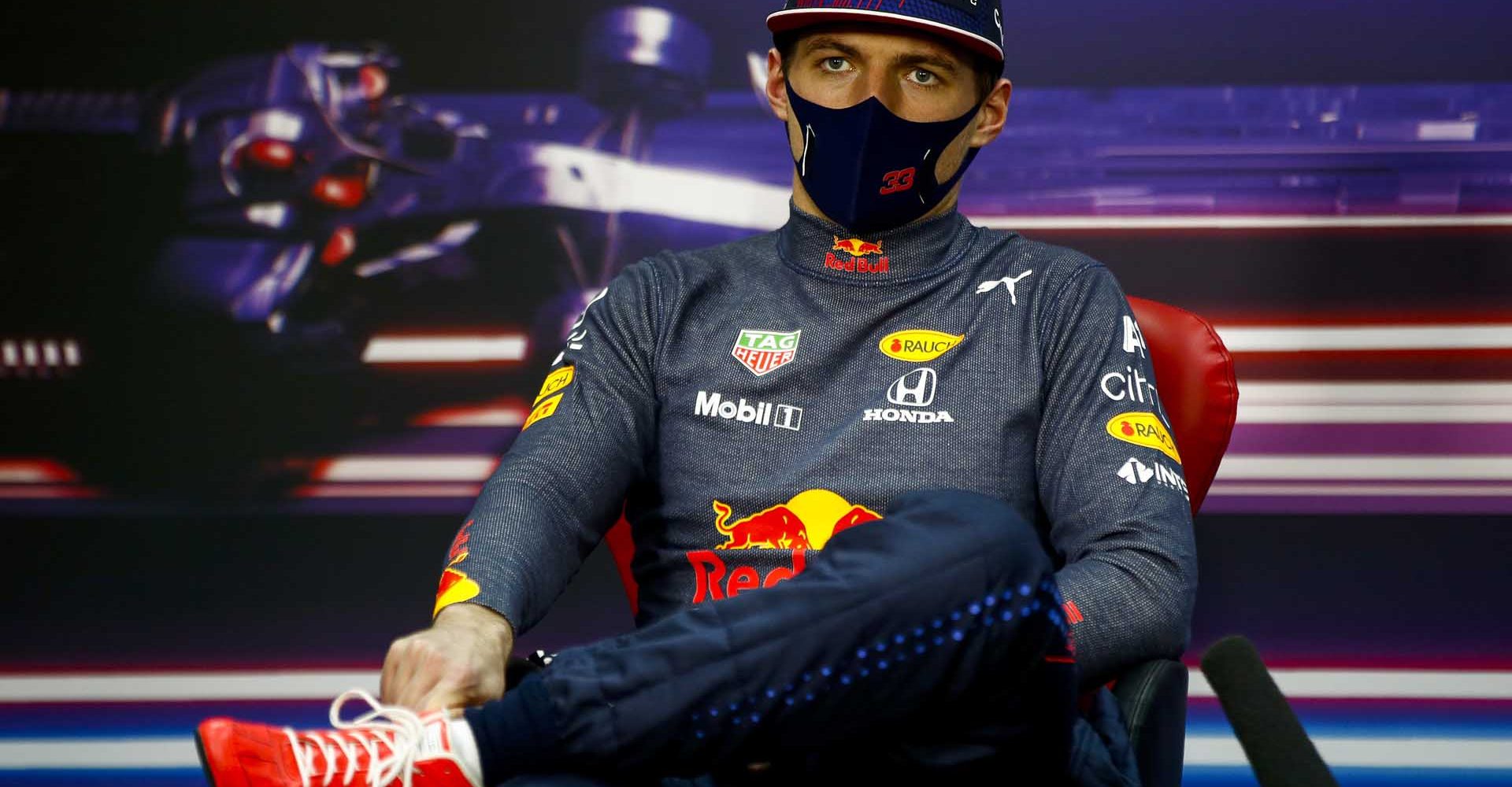 BAHRAIN, BAHRAIN - MARCH 28: Second placed, Max Verstappen of Netherlands and Red Bull Racing talks during a Press Conference after the F1 Grand Prix of Bahrain at Bahrain International Circuit on March 28, 2021 in Bahrain, Bahrain. (Photo by Andy Hone - Pool/Getty Images)