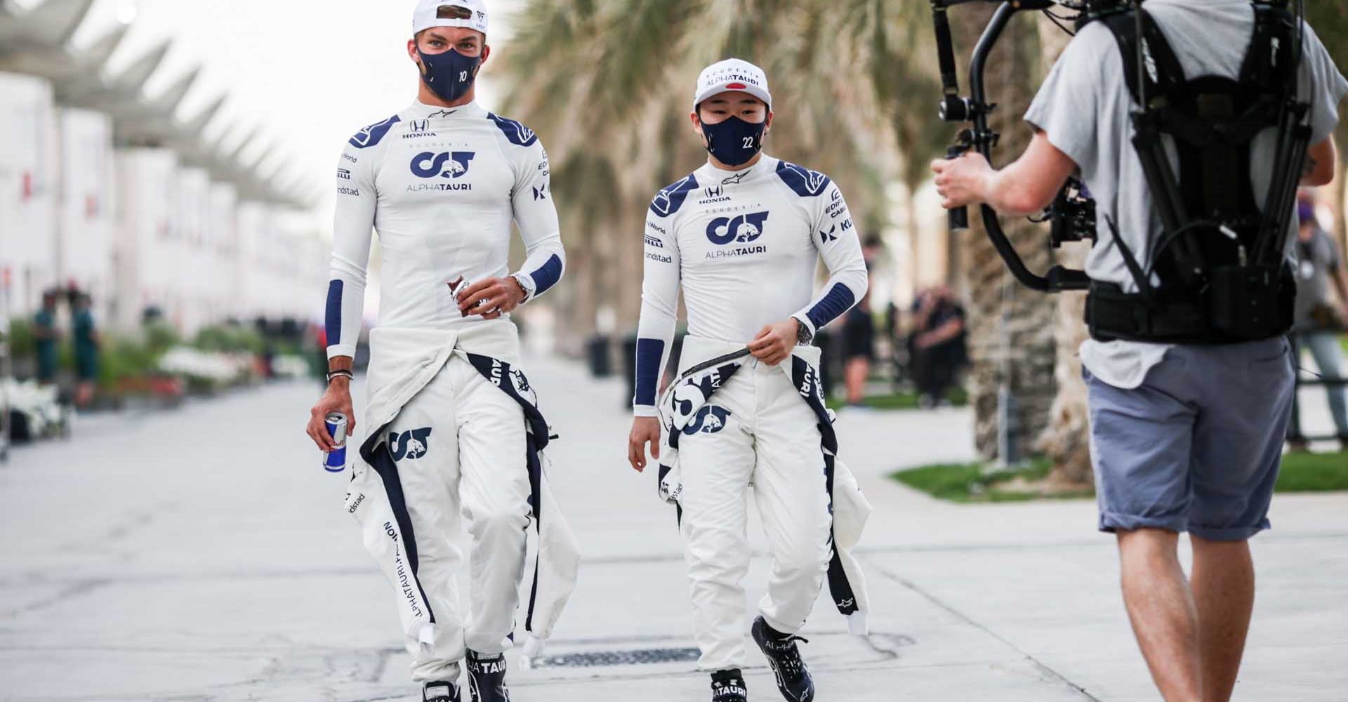 BAHRAIN, BAHRAIN - MARCH 25: Pierre Gasly of Scuderia AlphaTauri and France and Yuki Tsunoda of Scuderia AlphaTauri and Japan  during previews ahead of the F1 Grand Prix of Bahrain at Bahrain International Circuit on March 25, 2021 in Bahrain, Bahrain. (Photo by Peter Fox/Getty Images)