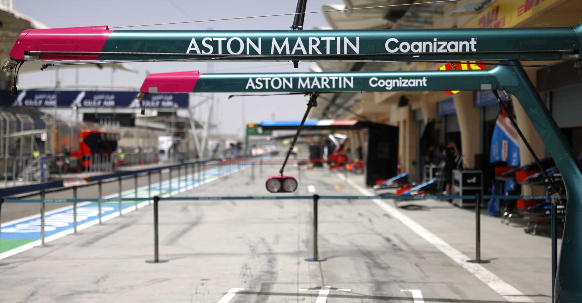 Bahrain F1 pit lane Aston Martin