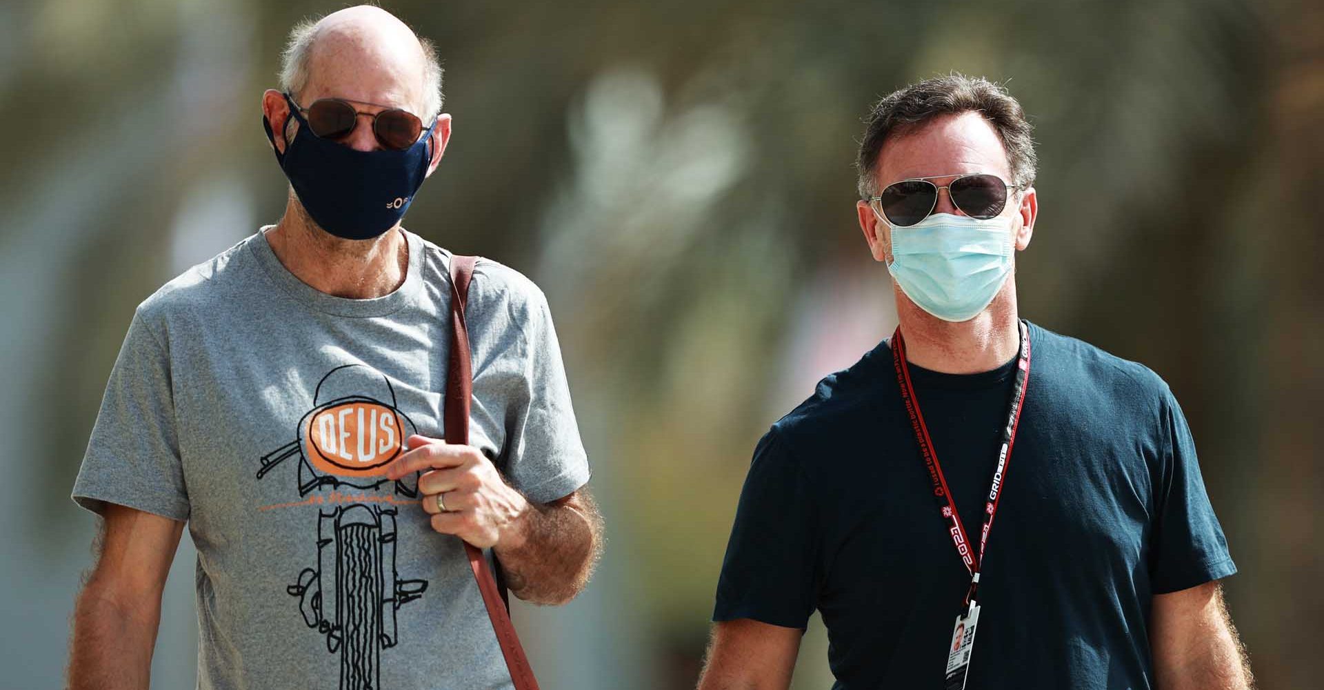 BAHRAIN, BAHRAIN - MARCH 25: Adrian Newey, the Chief Technical Officer of Red Bull Racing and Red Bull Racing Team Principal Christian Horner walk in the Paddock during previews ahead of the F1 Grand Prix of Bahrain at Bahrain International Circuit on March 25, 2021 in Bahrain, Bahrain. (Photo by Mark Thompson/Getty Images)