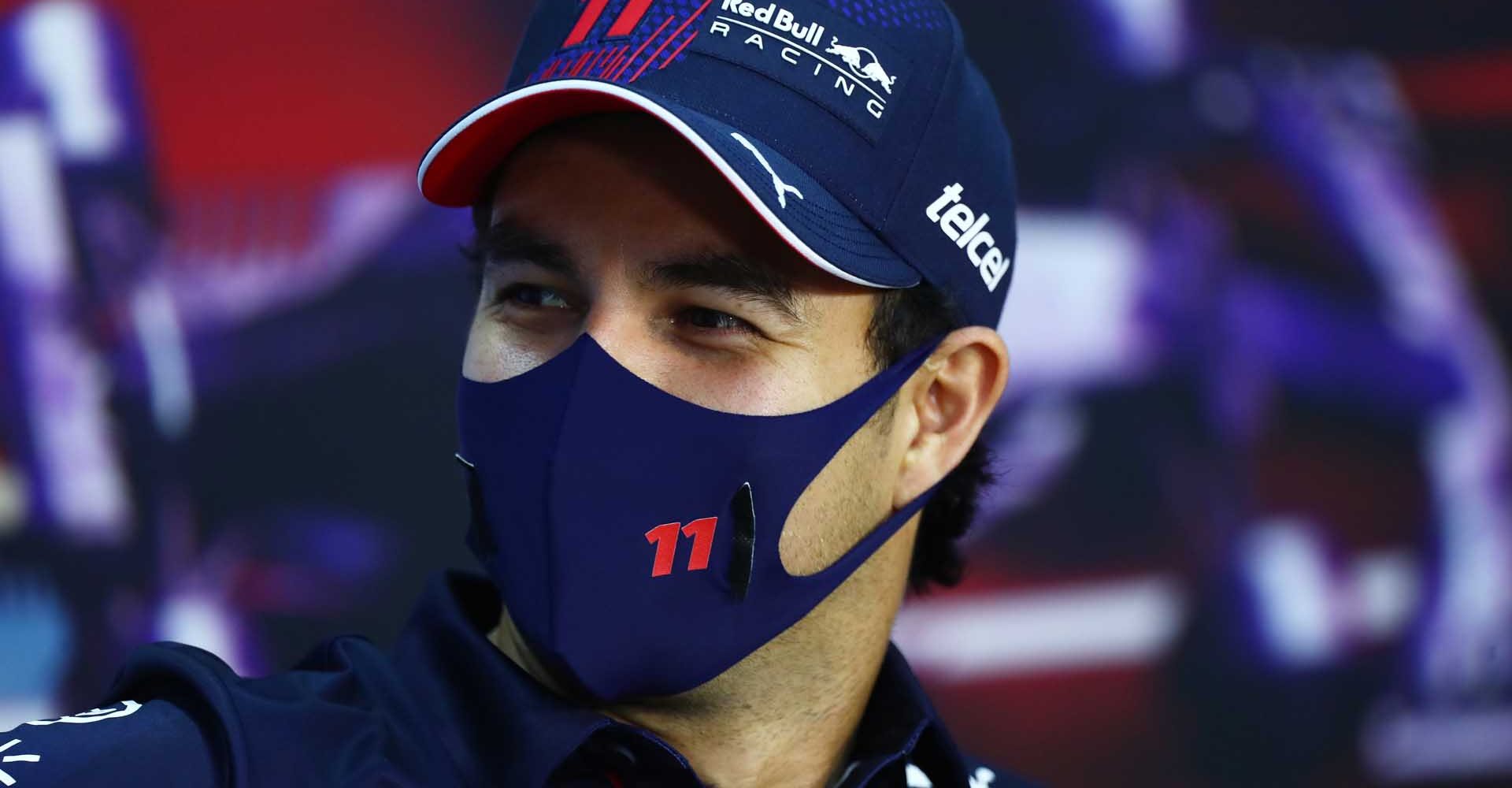 BAHRAIN, BAHRAIN - MARCH 25: Sergio Perez of Mexico and Red Bull Racing talks in the Drivers Press Conference during previews ahead of the F1 Grand Prix of Bahrain at Bahrain International Circuit on March 25, 2021 in Bahrain, Bahrain. (Photo by Dan Istitene/Getty Images)