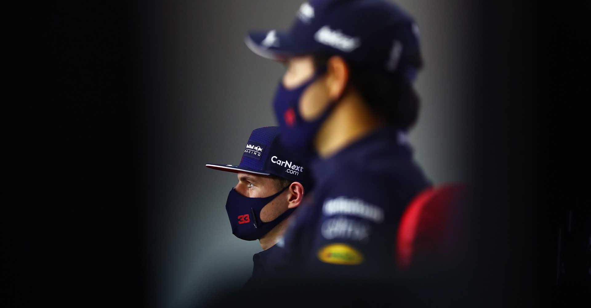 BAHRAIN, BAHRAIN - MARCH 25: Max Verstappen of Netherlands and Red Bull Racing talks in the Drivers Press Conference during previews ahead of the F1 Grand Prix of Bahrain at Bahrain International Circuit on March 25, 2021 in Bahrain, Bahrain. (Photo by Dan Istitene/Getty Images)