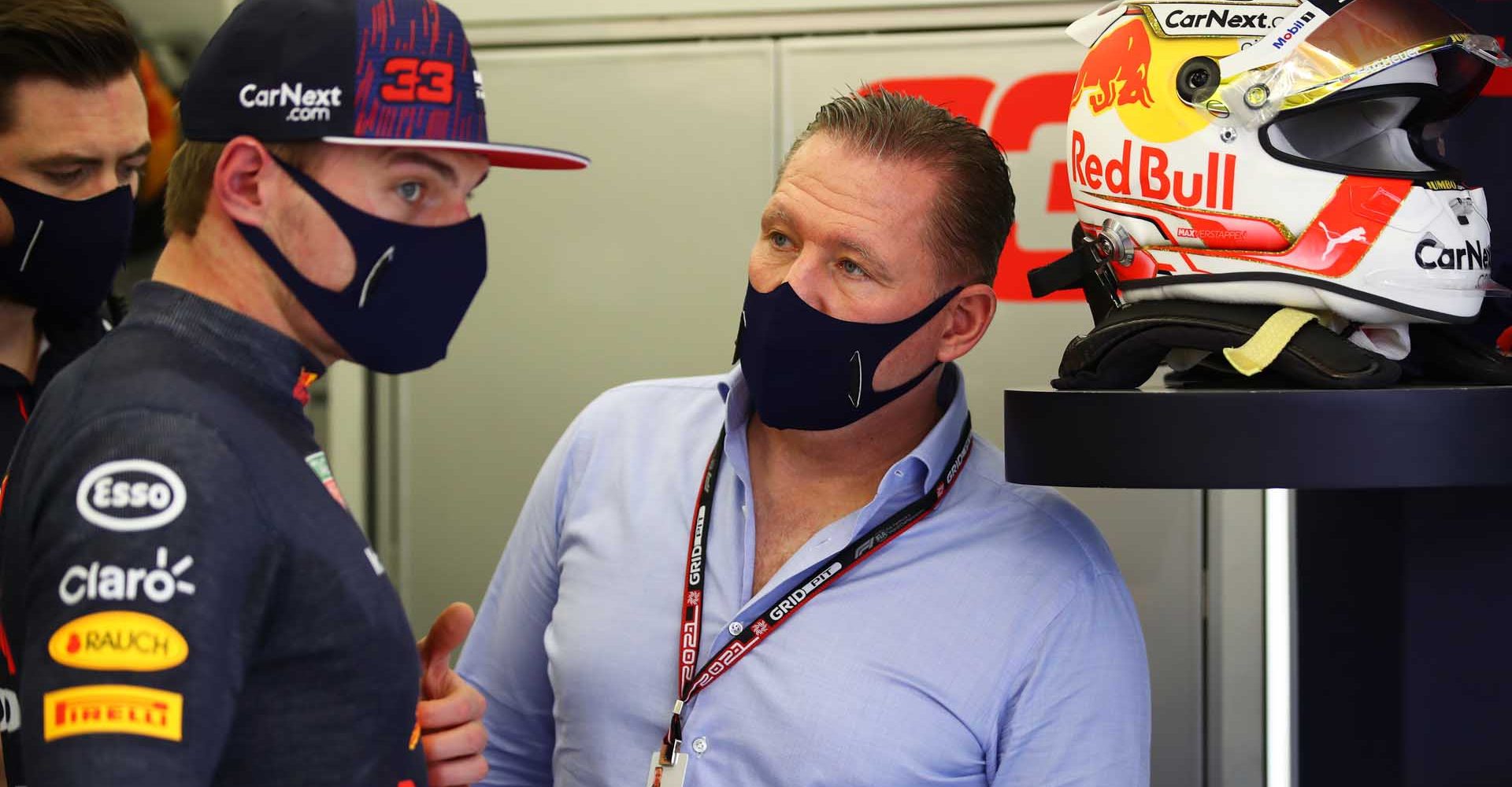 BAHRAIN, BAHRAIN - MARCH 12: Max Verstappen of Netherlands and Red Bull Racing talks with his dad Jos Verstappen in the garage during Day One of F1 Testing at Bahrain International Circuit on March 12, 2021 in Bahrain, Bahrain. (Photo by Mark Thompson/Getty Images)