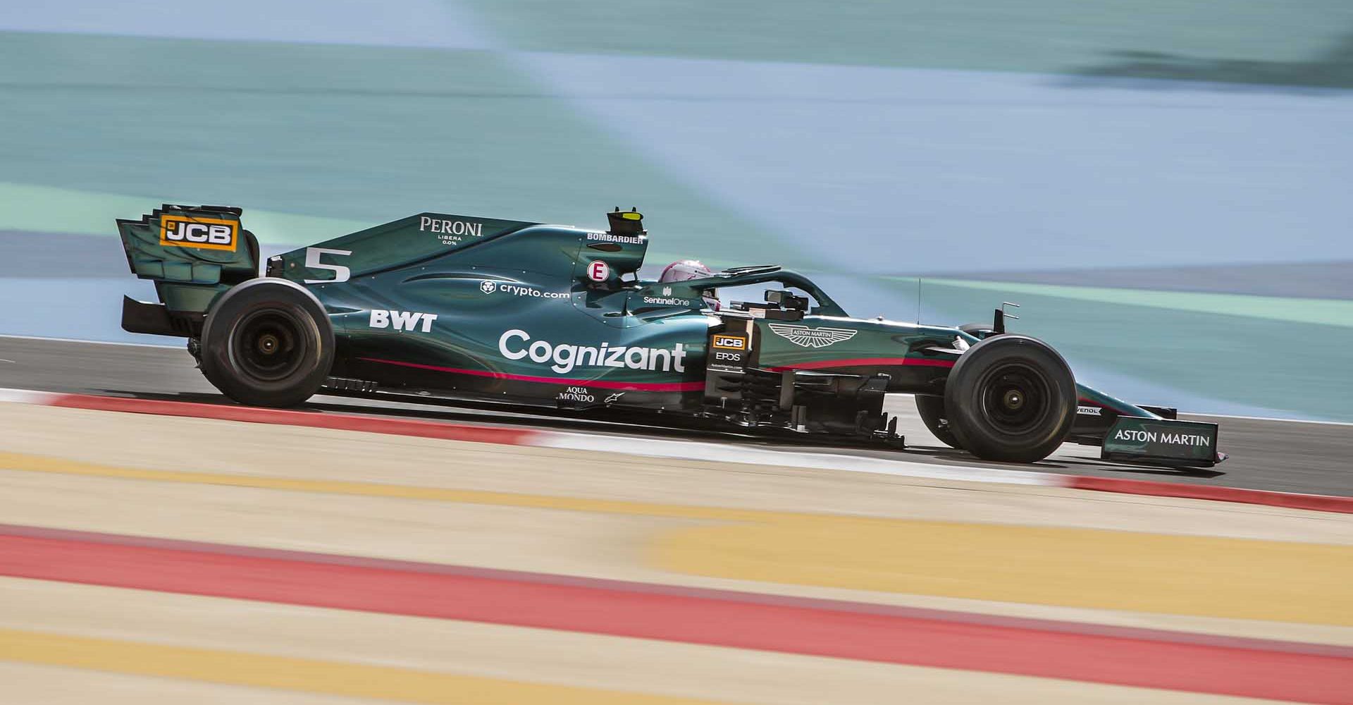 BAHRAIN INTERNATIONAL CIRCUIT, BAHRAIN - MARCH 13: Sebastian Vettel, Aston Martin AMR21 during the Bahrain March testing at Bahrain International Circuit on Saturday March 13, 2021 in Sakhir, Bahrain. (Photo by Zak Mauger / LAT Images)