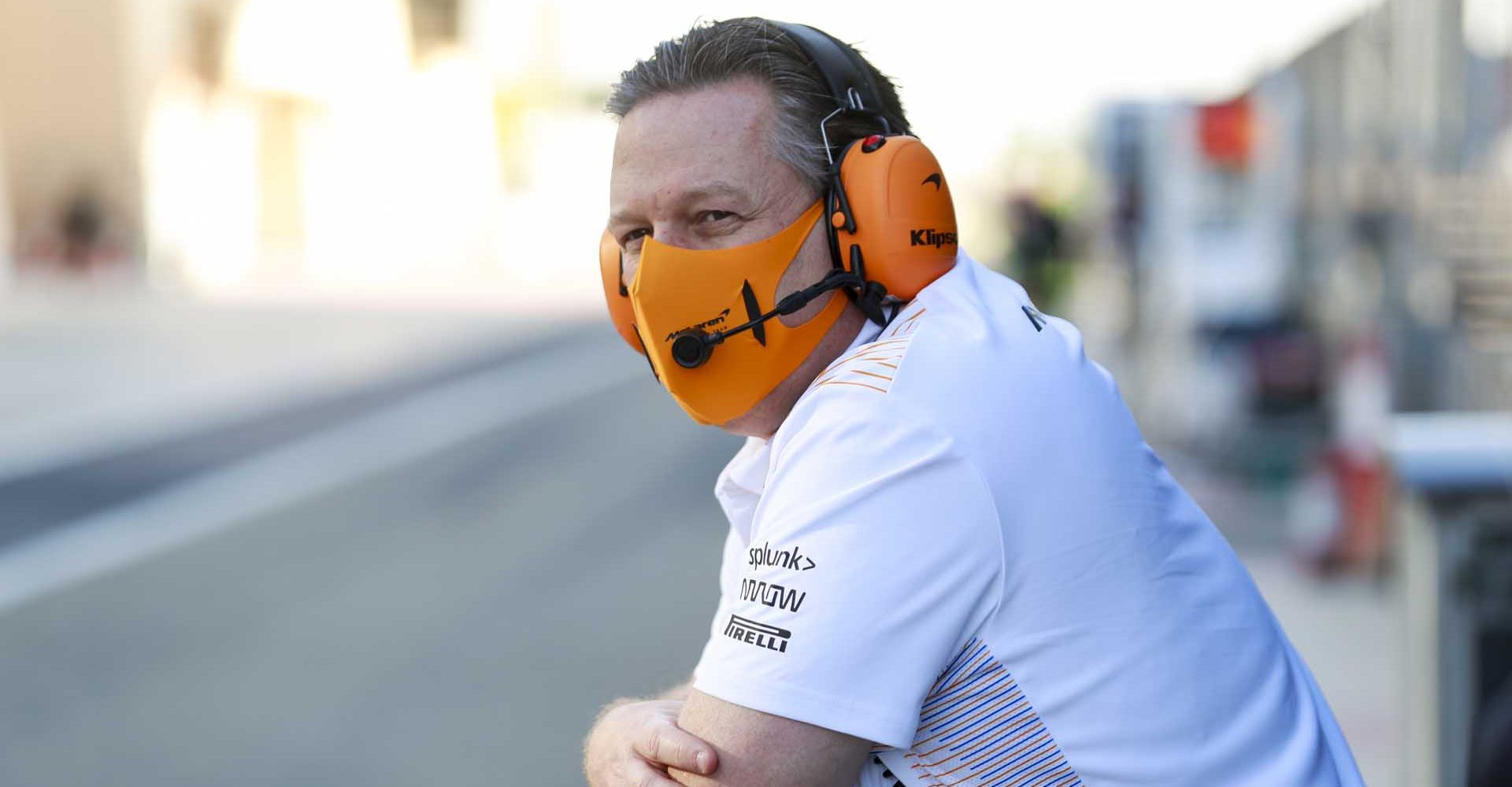 Zak Brown, CEO, McLaren Racing on the pit wall