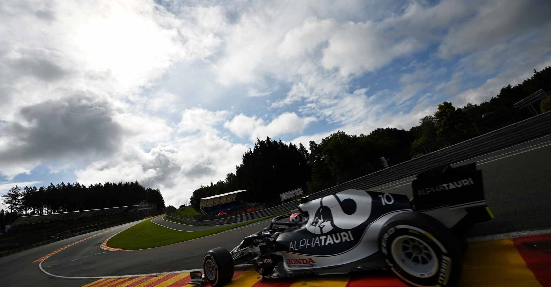 SPA, BELGIUM - AUGUST 27: Pierre Gasly of France driving the (10) Scuderia AlphaTauri AT02 Honda during practice ahead of the F1 Grand Prix of Belgium at Circuit de Spa-Francorchamps on August 27, 2021 in Spa, Belgium. (Photo by Dan Mullan/Getty Images)