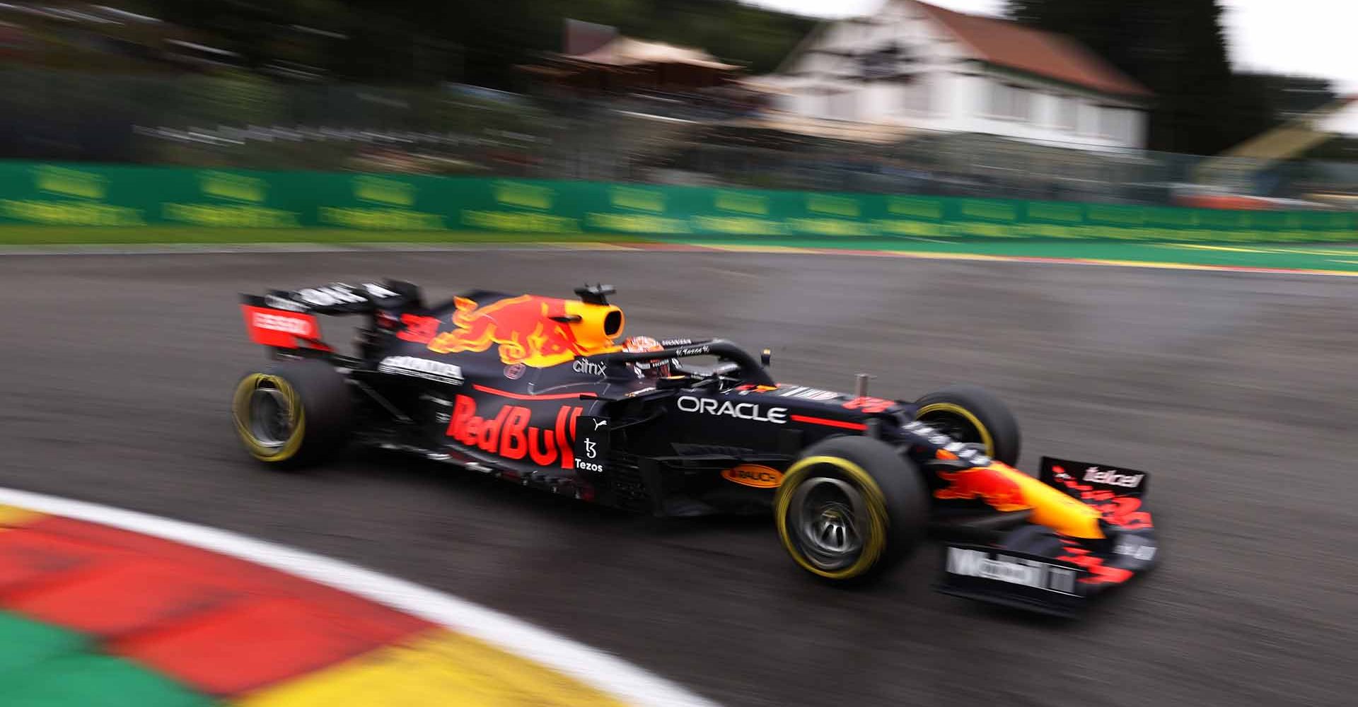 SPA, BELGIUM - AUGUST 27: Max Verstappen of the Netherlands driving the (33) Red Bull Racing RB16B Honda during practice ahead of the F1 Grand Prix of Belgium at Circuit de Spa-Francorchamps on August 27, 2021 in Spa, Belgium. (Photo by Lars Baron/Getty Images)