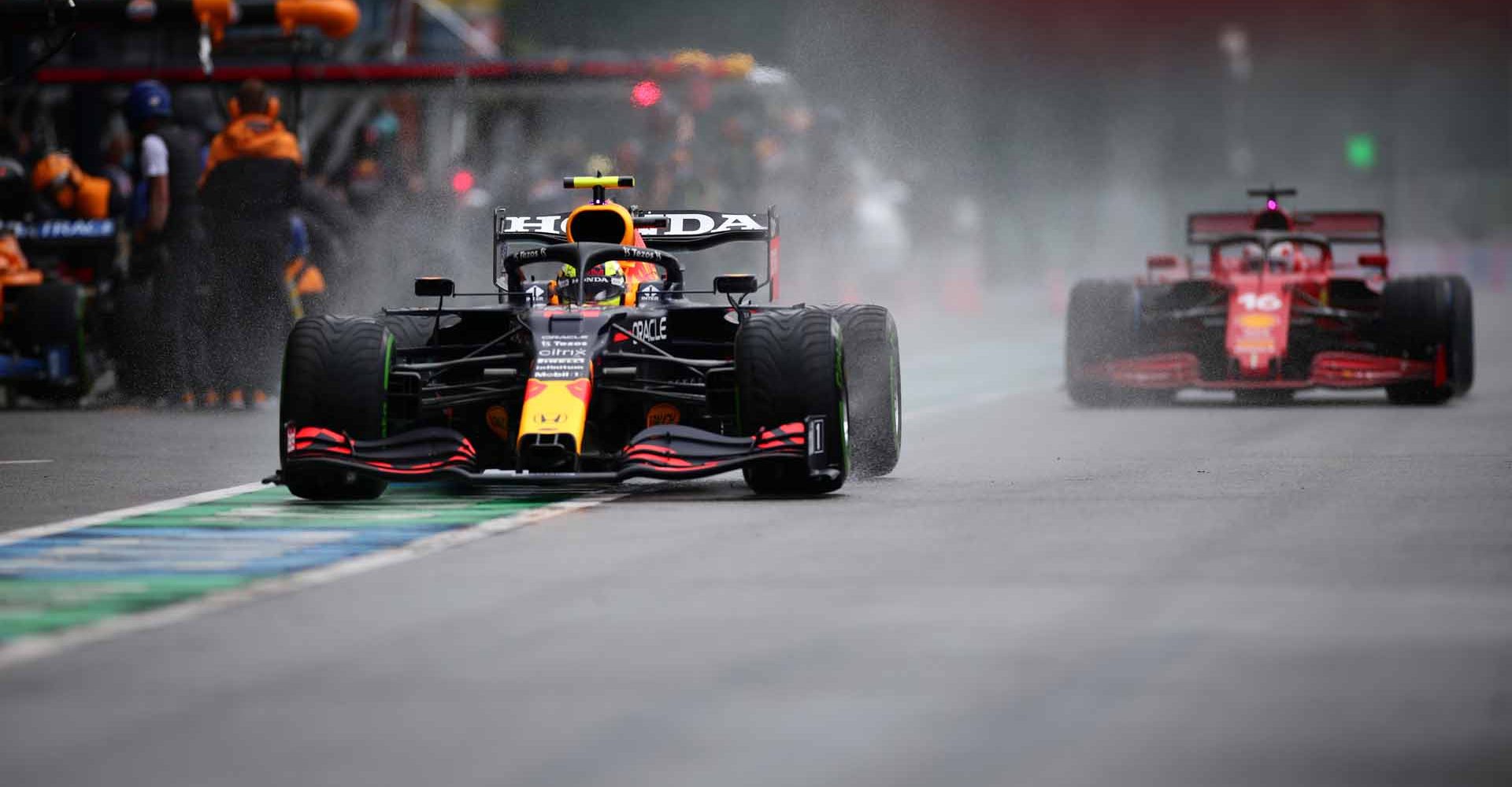 SPA, BELGIUM - AUGUST 28: Sergio Perez of Mexico driving the (11) Red Bull Racing RB16B Honda in the Pitlane during qualifying ahead of the F1 Grand Prix of Belgium at Circuit de Spa-Francorchamps on August 28, 2021 in Spa, Belgium. (Photo by Peter Fox/Getty Images)