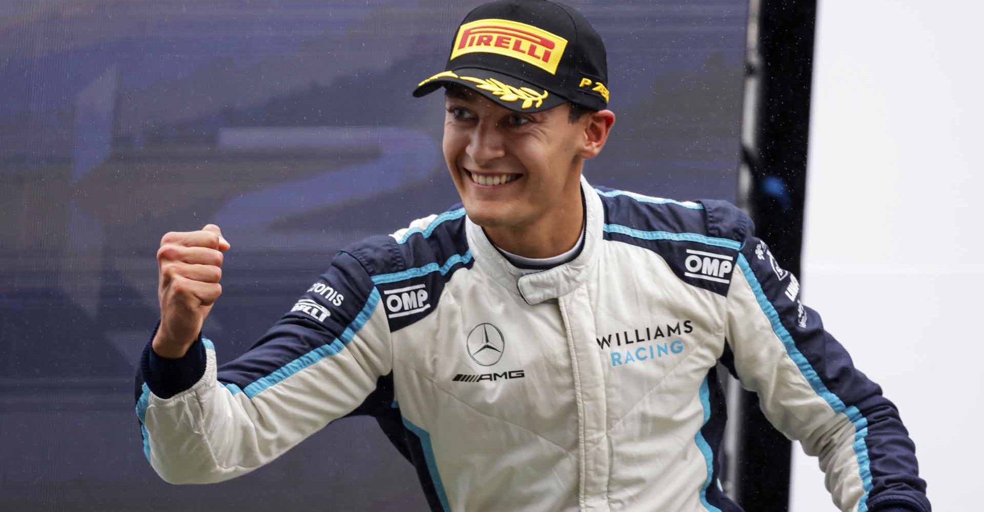 CIRCUIT DE SPA FRANCORCHAMPS, BELGIUM - AUGUST 29: George Russell, Williams, 2nd position, celebrates on the podium during the Belgian GP at Circuit de Spa Francorchamps on Sunday August 29, 2021 in Spa, Belgium. (Photo by Glenn Dunbar / LAT Images)