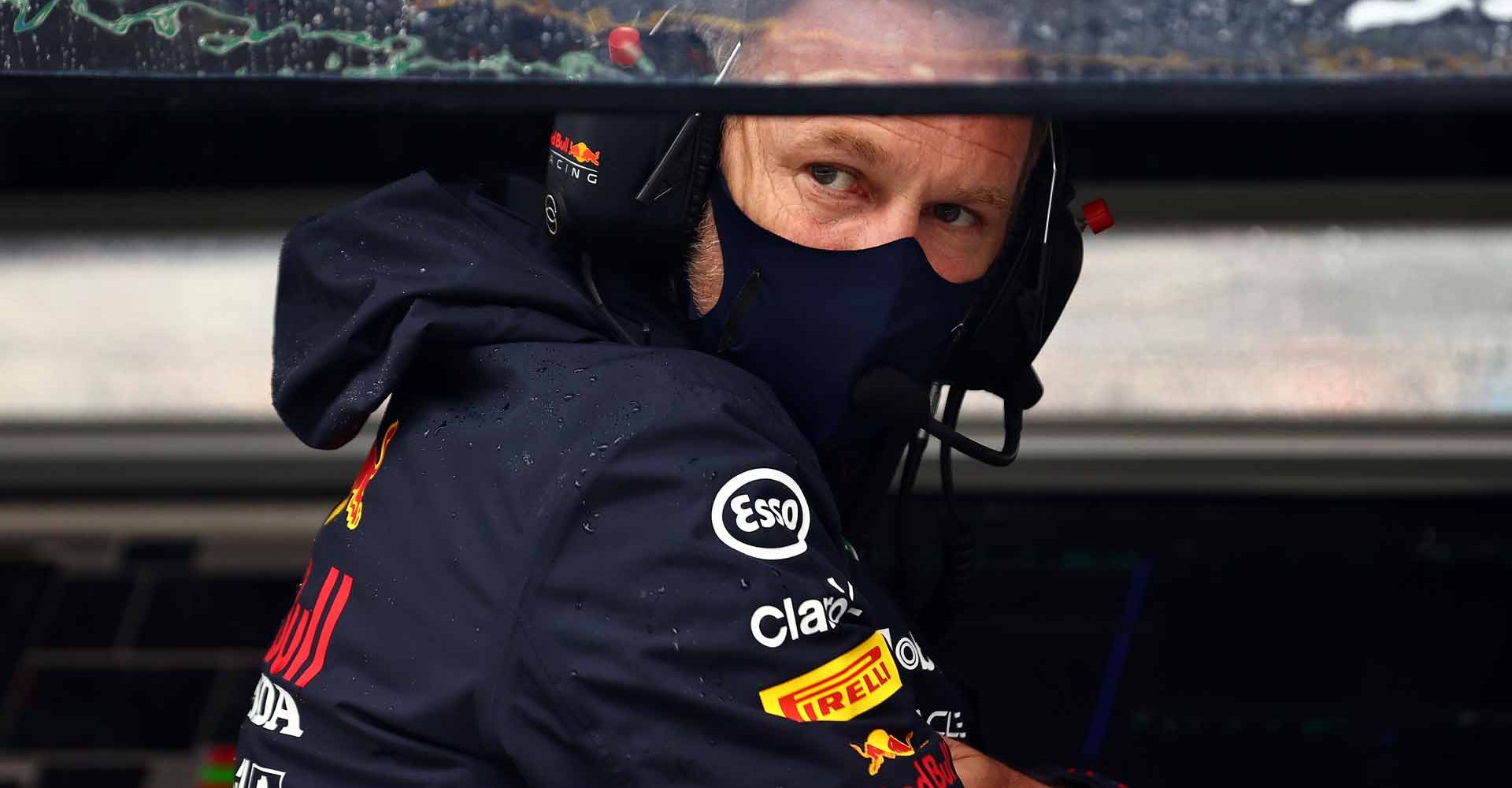 SPA, BELGIUM - AUGUST 29: Red Bull Racing Team Principal Christian Horner looks on from the pitwall during the F1 Grand Prix of Belgium at Circuit de Spa-Francorchamps on August 29, 2021 in Spa, Belgium. (Photo by Mark Thompson/Getty Images)