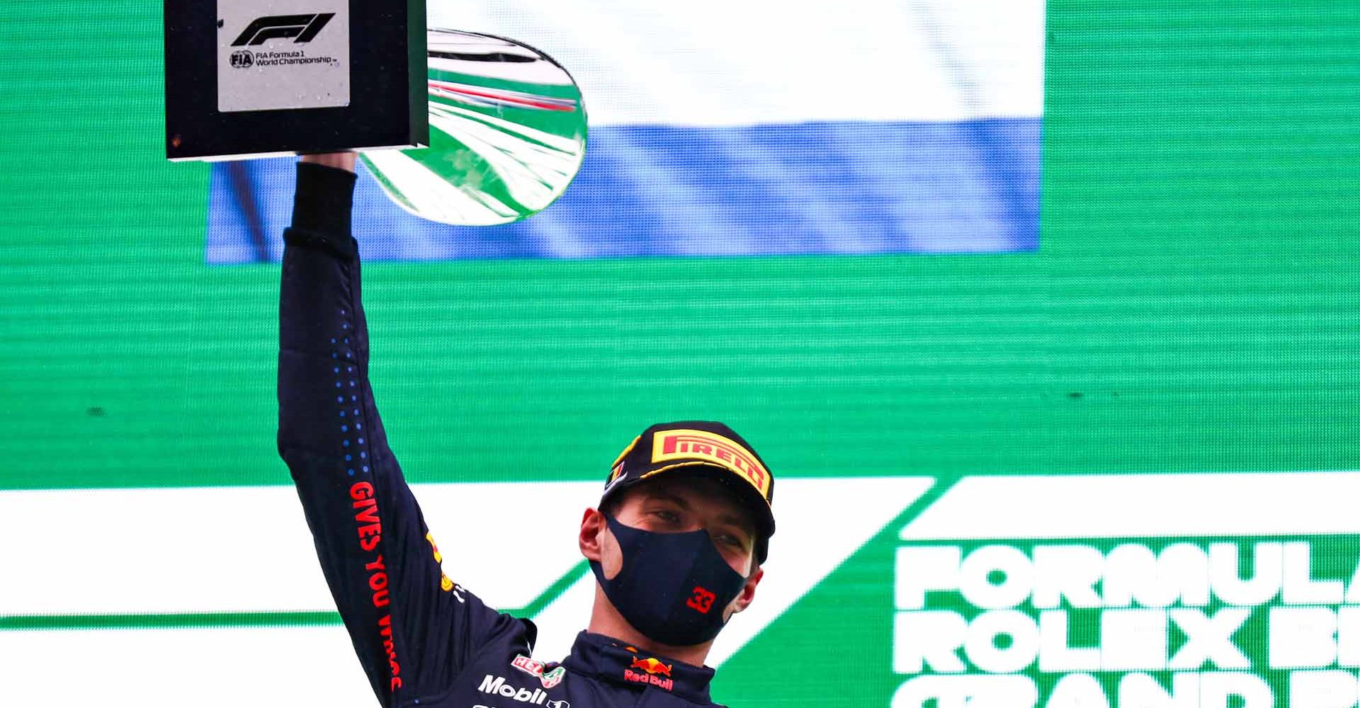 SPA, BELGIUM - AUGUST 29: Race winner Max Verstappen of Netherlands and Red Bull Racing celebrates on the podium during the F1 Grand Prix of Belgium at Circuit de Spa-Francorchamps on August 29, 2021 in Spa, Belgium. (Photo by Mark Thompson/Getty Images)