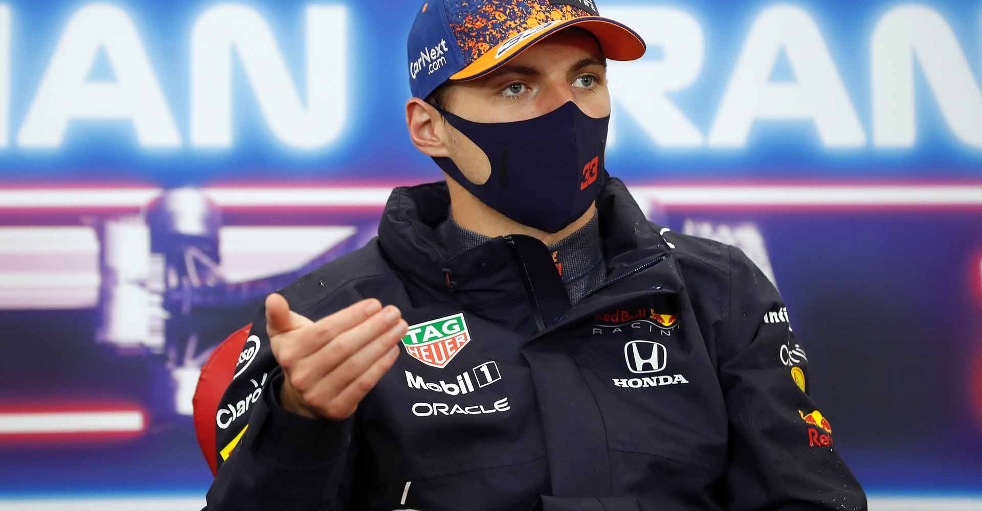 SPA, BELGIUM - AUGUST 29: Race winner Max Verstappen of Netherlands and Red Bull Racing talks in the press conference after the F1 Grand Prix of Belgium at Circuit de Spa-Francorchamps on August 29, 2021 in Spa, Belgium. (Photo by Antonin Vincent - Pool/Getty Images)