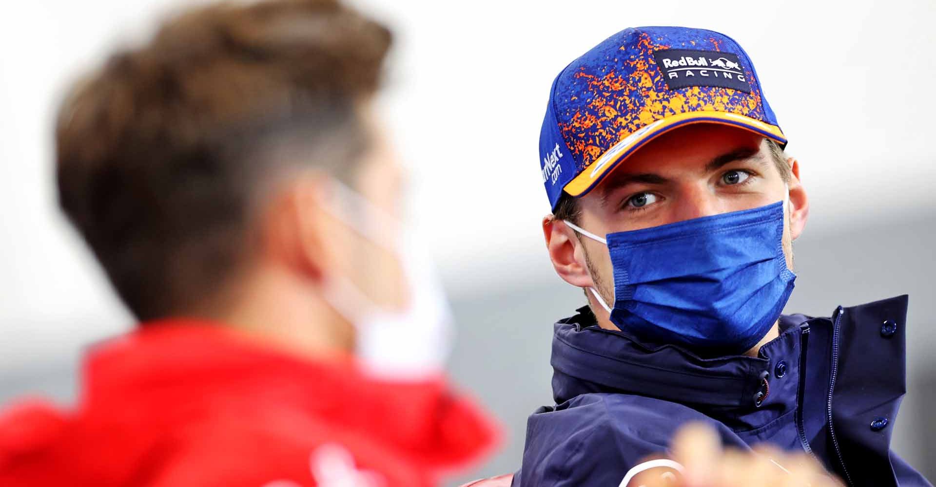 SPA, BELGIUM - AUGUST 26: Max Verstappen of Netherlands and Red Bull Racing talks in the Drivers Press Conference during previews ahead of the F1 Grand Prix of Belgium at Circuit de Spa-Francorchamps on August 26, 2021 in Spa, Belgium. (Photo by Laurent Charniaux - Pool/Getty Images)