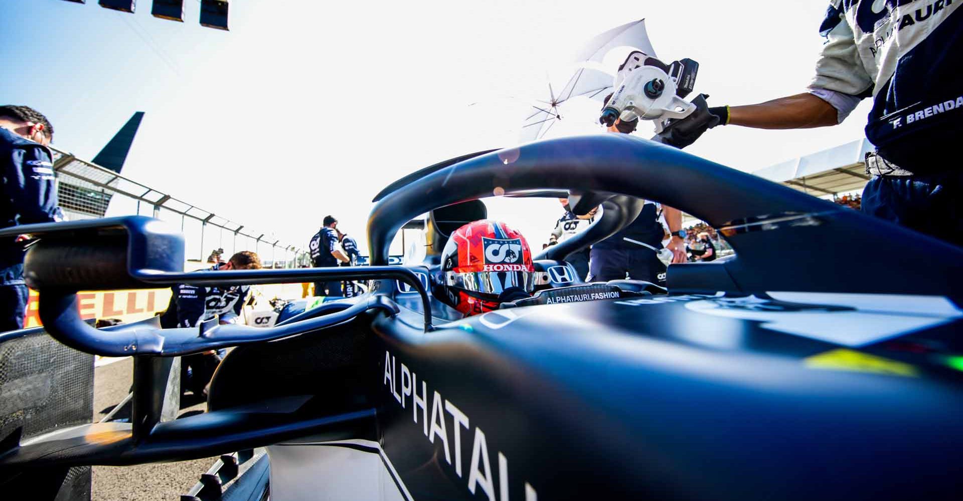 NORTHAMPTON, ENGLAND - JULY 17: Pierre Gasly of Scuderia AlphaTauri and France prepares on the grid during the Sprint ahead of the F1 Grand Prix of Great Britain at Silverstone on July 17, 2021 in Northampton, England. (Photo by Peter Fox/Getty Images)