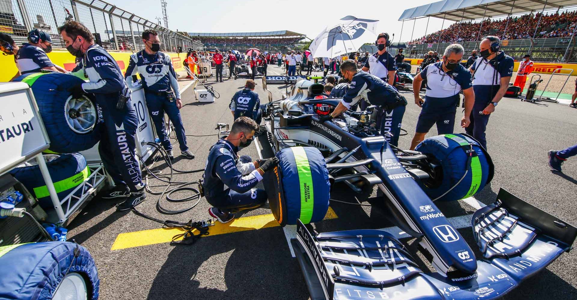 NORTHAMPTON, ENGLAND - JULY 17: Pierre Gasly of Scuderia AlphaTauri and France prepares on the grid during the Sprint ahead of the F1 Grand Prix of Great Britain at Silverstone on July 17, 2021 in Northampton, England. (Photo by Peter Fox/Getty Images)