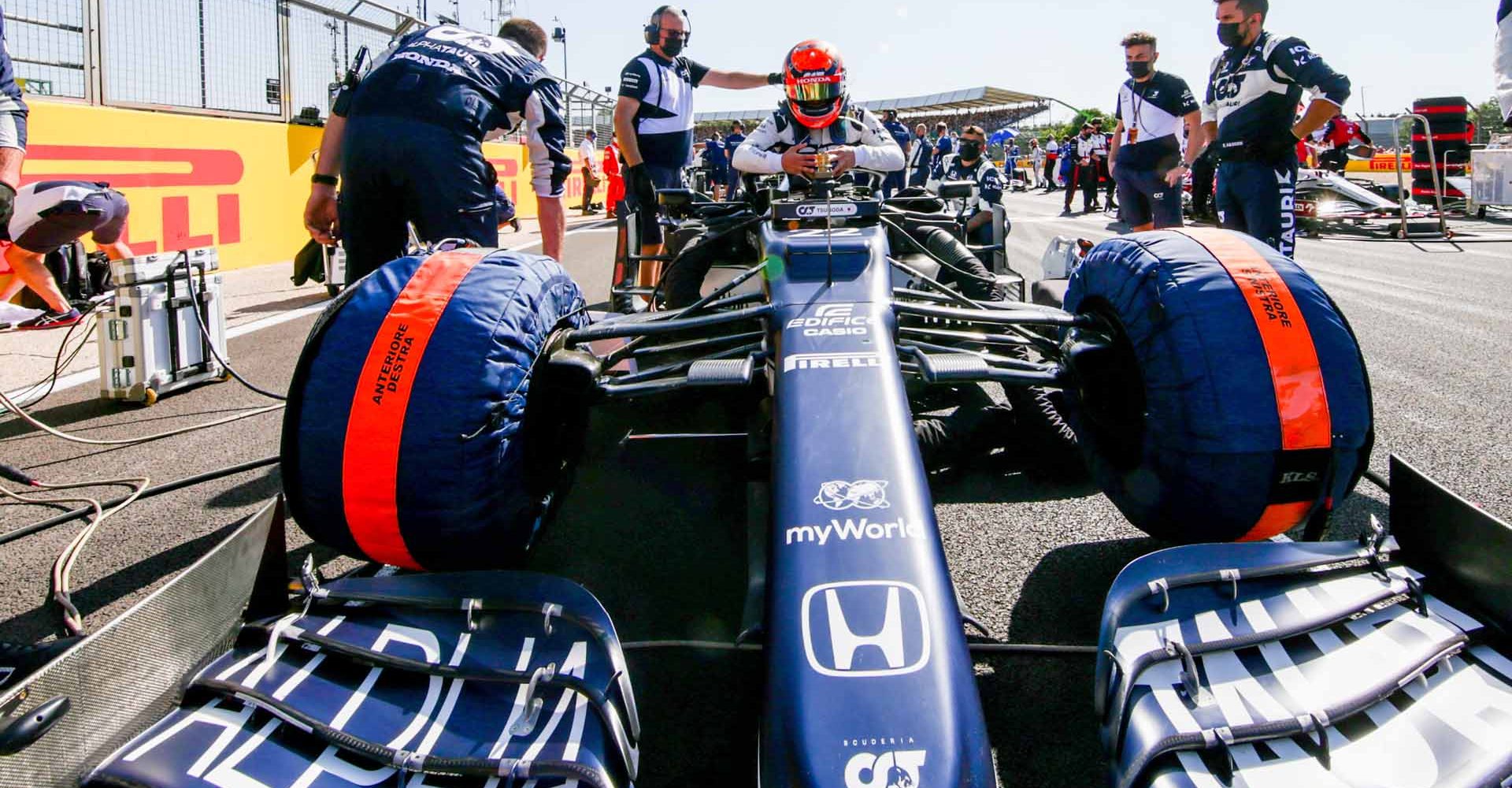 NORTHAMPTON, ENGLAND - JULY 17: Yuki Tsunoda of Scuderia AlphaTauri and Japan prepares on the grid during the Sprint ahead of the F1 Grand Prix of Great Britain at Silverstone on July 17, 2021 in Northampton, England. (Photo by Peter Fox/Getty Images)