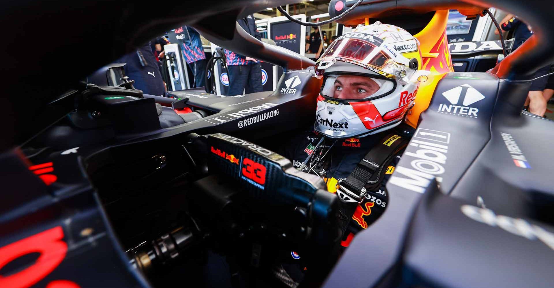 NORTHAMPTON, ENGLAND - JULY 17: Max Verstappen of Netherlands and Red Bull Racing prepares to drive in the garage during practice ahead of the F1 Grand Prix of Great Britain at Silverstone on July 17, 2021 in Northampton, England. (Photo by Mark Thompson/Getty Images)