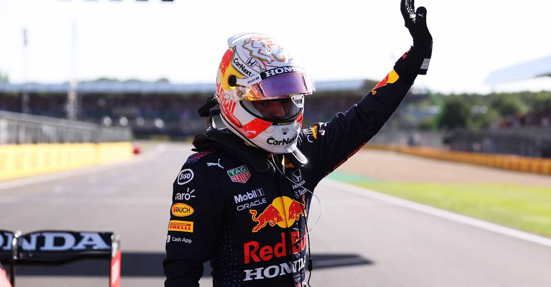 NORTHAMPTON, ENGLAND - JULY 17: Winner Max Verstappen of Netherlands and Red Bull Racing celebrates in parc ferme during the Sprint for the F1 Grand Prix of Great Britain at Silverstone on July 17, 2021 in Northampton, England. (Photo by Lars Baron/Getty Images)