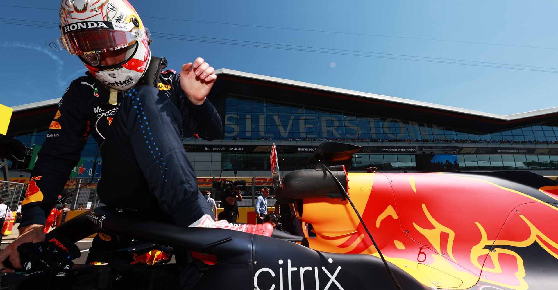 NORTHAMPTON, ENGLAND - JULY 18: Max Verstappen of Netherlands and Red Bull Racing prepares to drive on the grid before the F1 Grand Prix of Great Britain at Silverstone on July 18, 2021 in Northampton, England. (Photo by Mark Thompson/Getty Images)