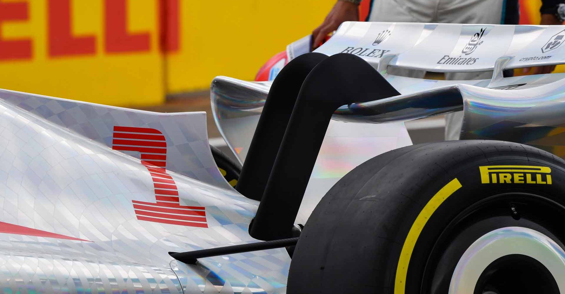 SILVERSTONE CIRCUIT, UNITED KINGDOM - JULY 15: The 2022 Formula 1 car launch event on the Silverstone grid. Rear detail during the British GP at Silverstone Circuit on Thursday July 15, 2021 in Northamptonshire, United Kingdom. (Photo by Mark Sutton / LAT Images)