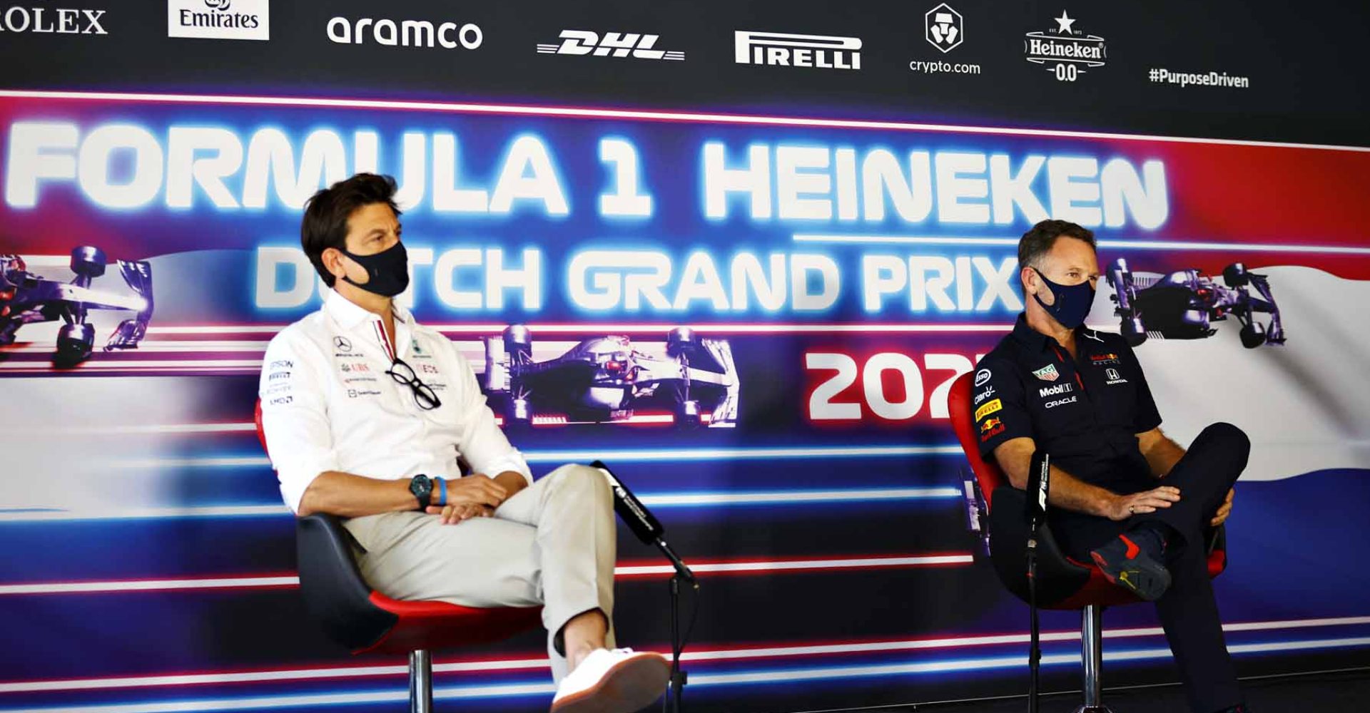 ZANDVOORT, NETHERLANDS - SEPTEMBER 03: Red Bull Racing Team Principal Christian Horner and Mercedes GP Executive Director Toto Wolff talk in the Team Principals Press Conference during practice ahead of the F1 Grand Prix of The Netherlands at Circuit Zandvoort on September 03, 2021 in Zandvoort, Netherlands. (Photo by Bryn Lennon/Getty Images)