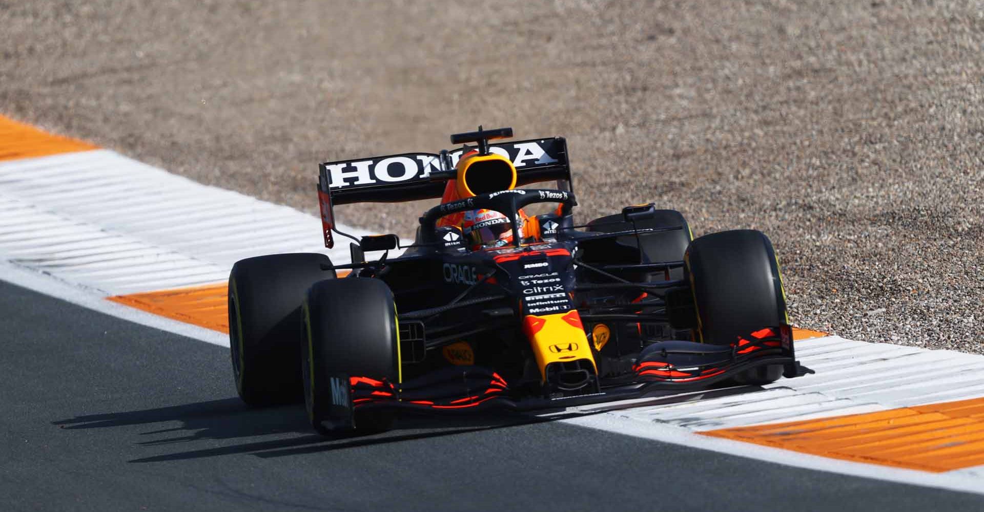 ZANDVOORT, NETHERLANDS - SEPTEMBER 03: Max Verstappen of the Netherlands driving the (33) Red Bull Racing RB16B Honda during practice ahead of the F1 Grand Prix of The Netherlands at Circuit Zandvoort on September 03, 2021 in Zandvoort, Netherlands. (Photo by Bryn Lennon/Getty Images)