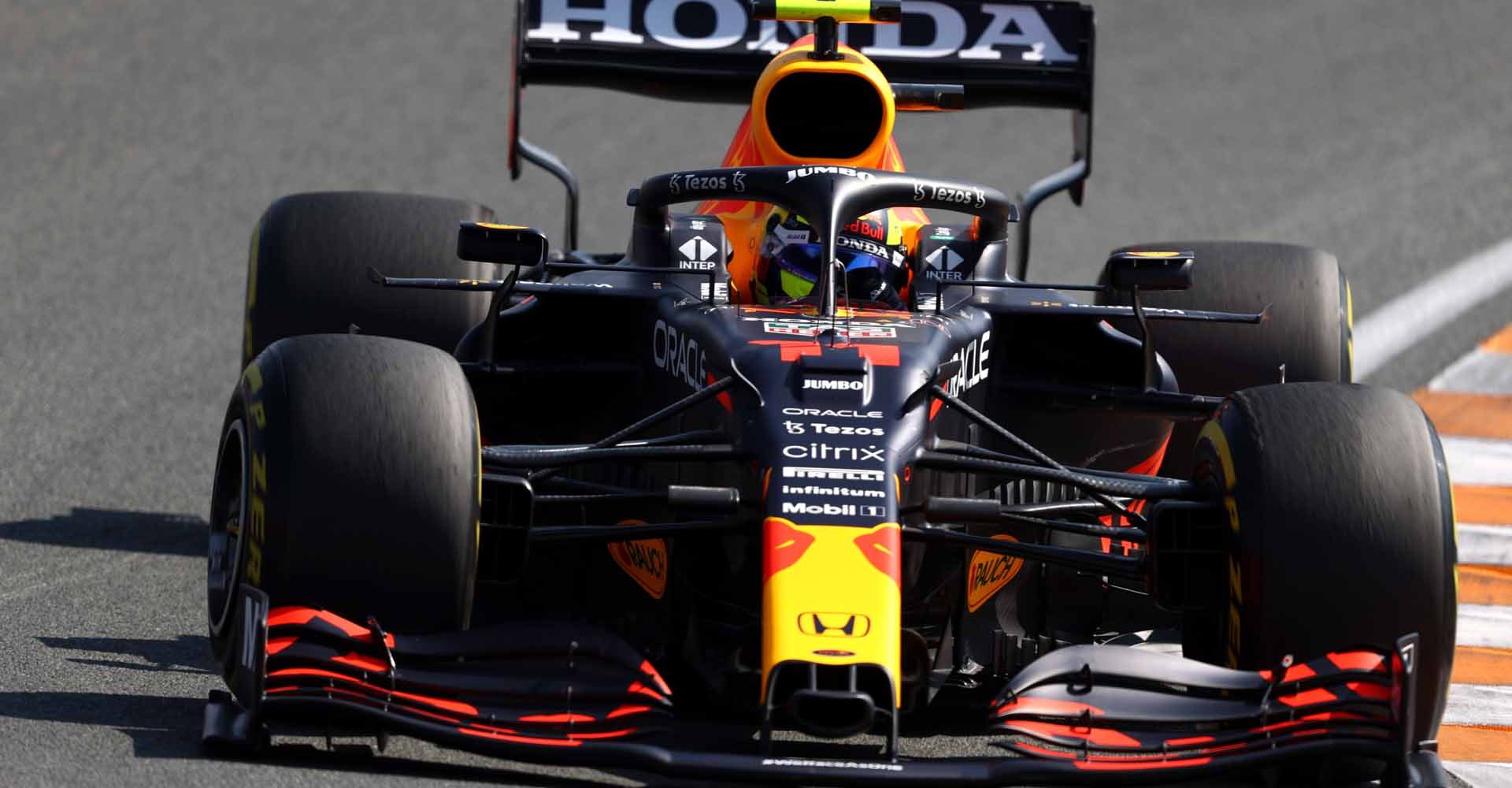 ZANDVOORT, NETHERLANDS - SEPTEMBER 04: Sergio Perez of Mexico driving the (11) Red Bull Racing RB16B Honda during final practice ahead of the F1 Grand Prix of The Netherlands at Circuit Zandvoort on September 04, 2021 in Zandvoort, Netherlands. (Photo by Bryn Lennon/Getty Images)