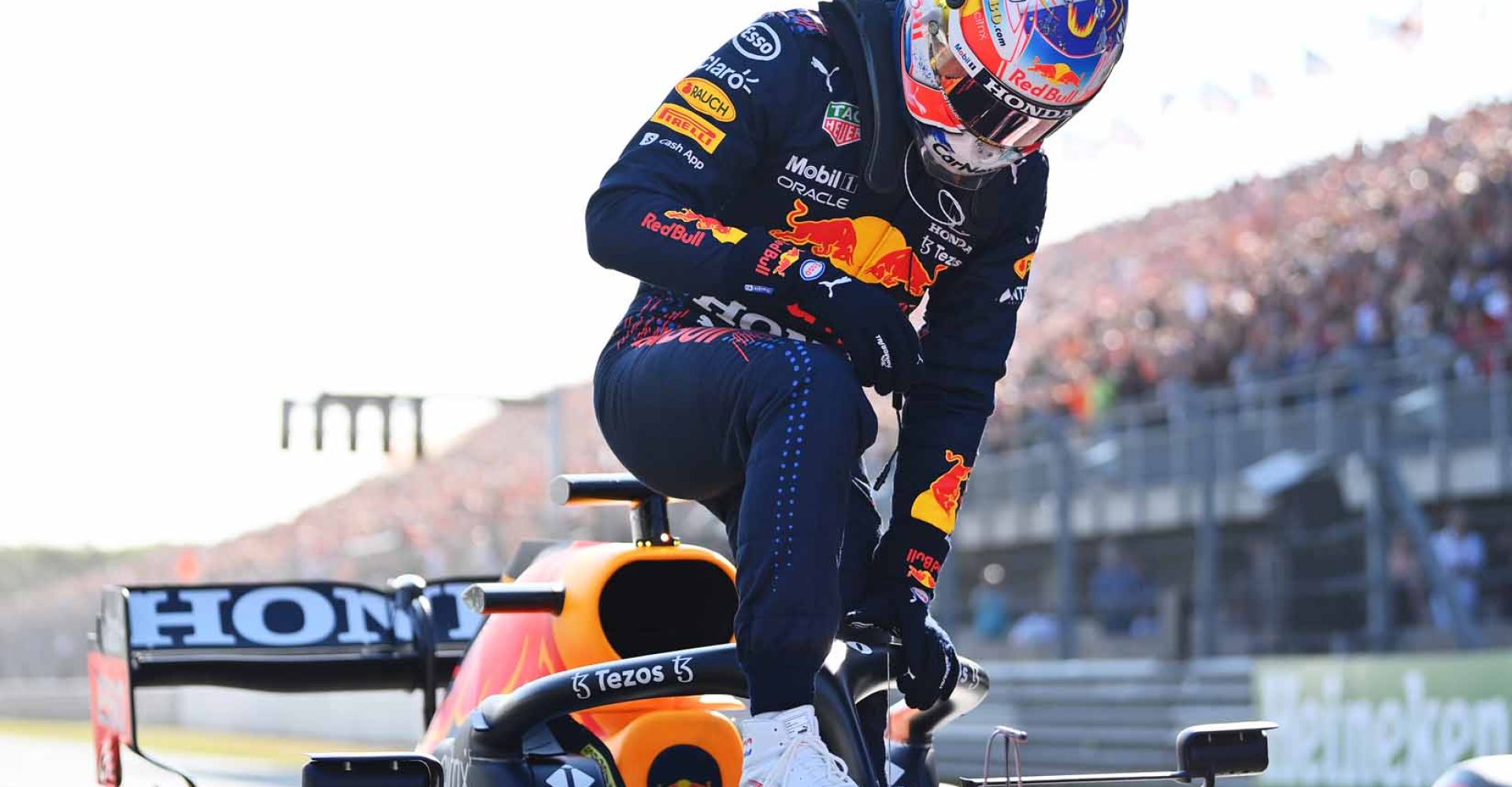 ZANDVOORT, NETHERLANDS - SEPTEMBER 04: Pole position qualifier Max Verstappen of Netherlands and Red Bull Racing celebrates in parc ferme during qualifying ahead of the F1 Grand Prix of The Netherlands at Circuit Zandvoort on September 04, 2021 in Zandvoort, Netherlands. (Photo by Dan Mullan/Getty Images)